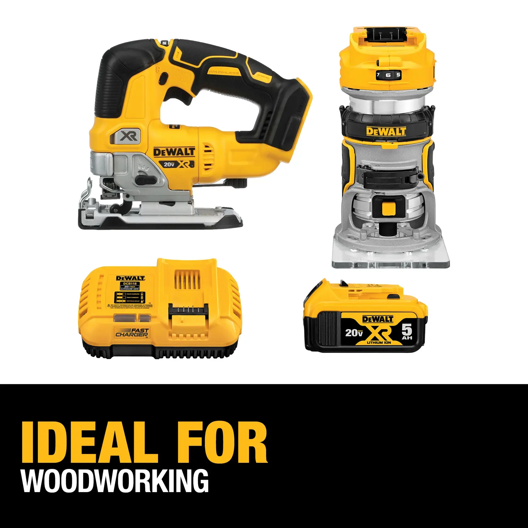 Image showing a DEWALT woodworking tool kit, including a cordless jigsaw, a cordless router, a battery charger, and a 20V XR lithium-ion battery. The text highlights that the kit is ideal for woodworking.