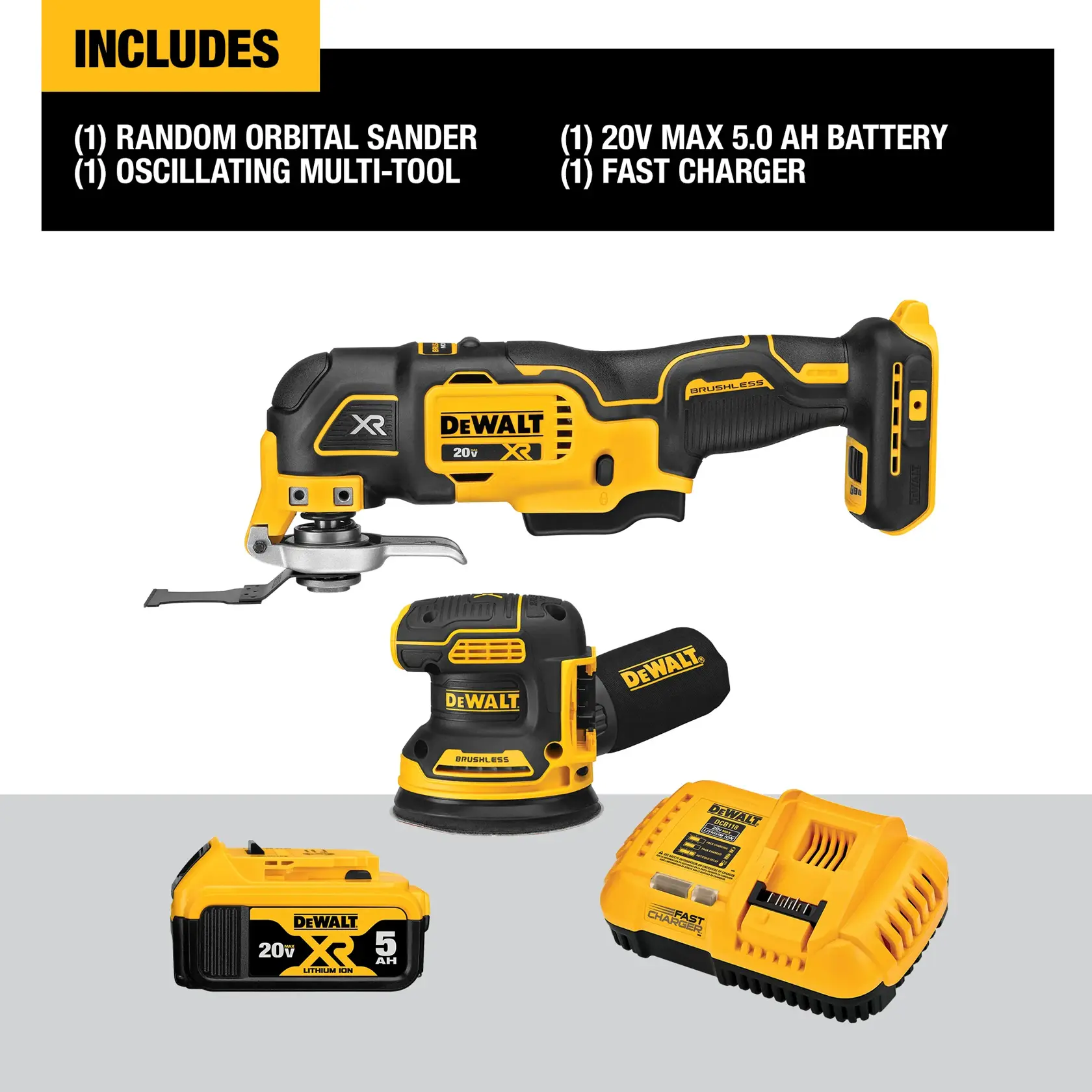 Image showing a DEWALT 20V XR tool kit which includes a random orbital sander, an oscillating multi-tool, a 20V MAX 5.0Ah battery, and a fast charger. The items are displayed on a white background with product names and features listed above.