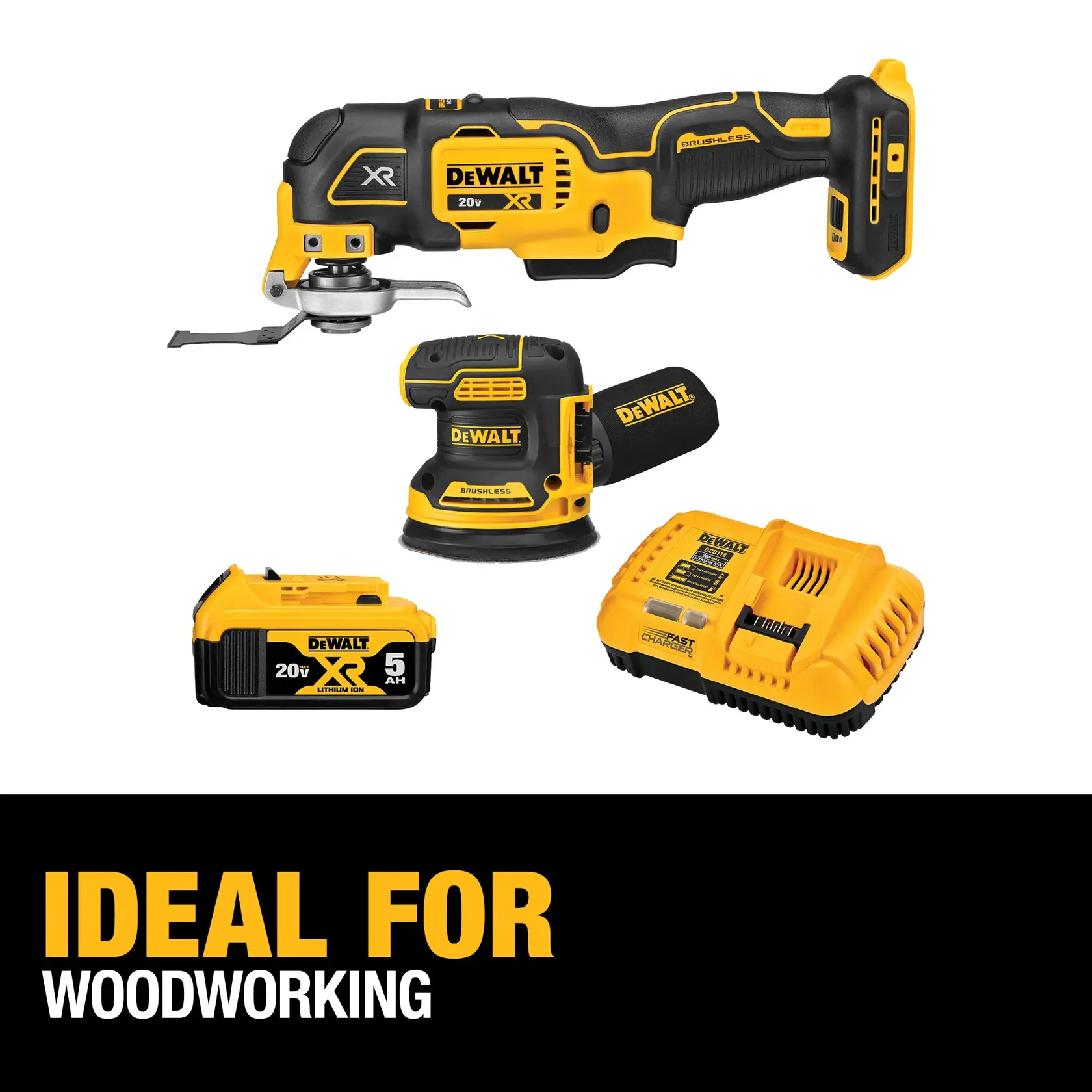 Set of DEWALT 20V XR cordless power tools for woodworking, including an oscillating multi-tool, a random orbit sander, a 20V lithium-ion battery, and a charger. Text at the bottom states: Ideal for woodworking.