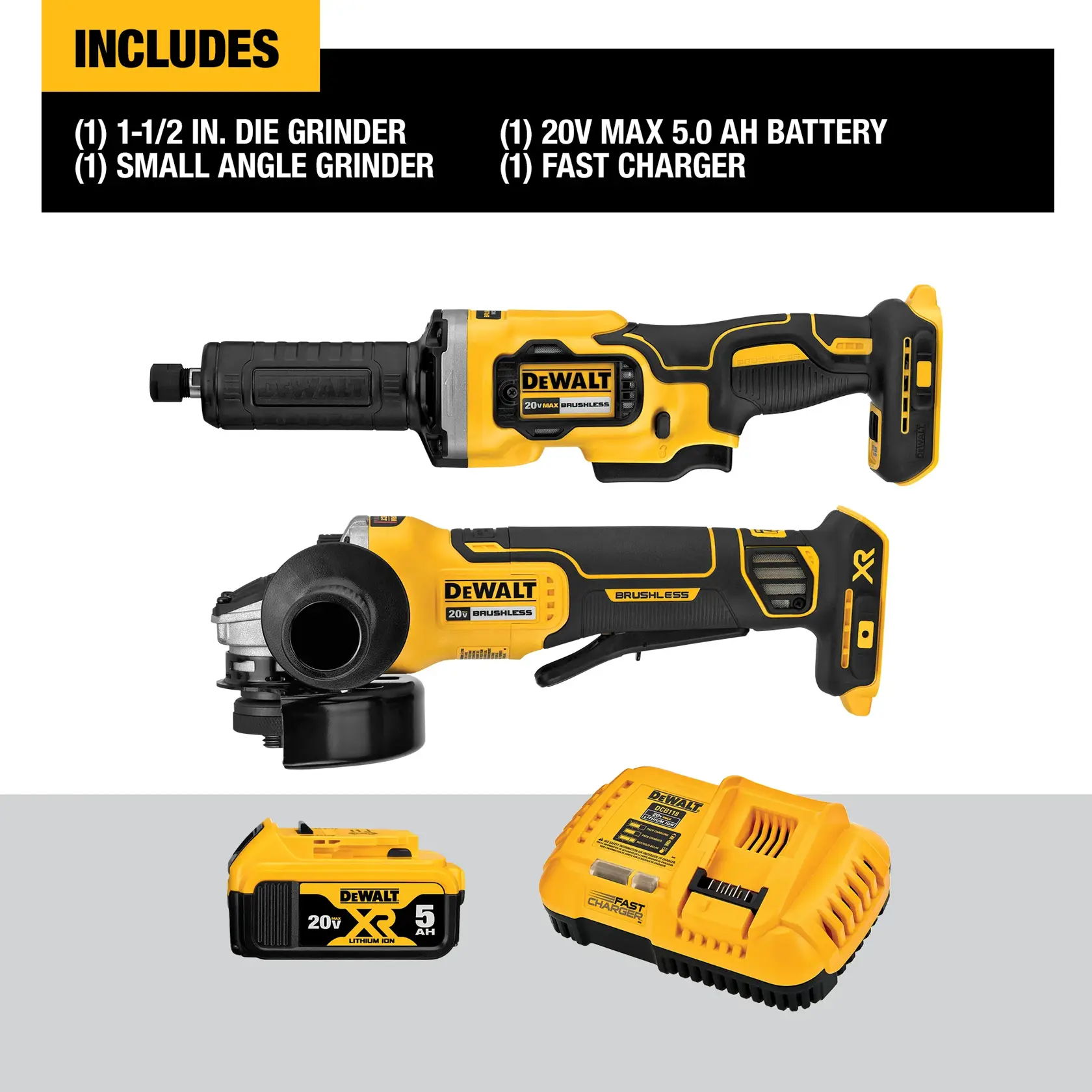 Image showing a DEWALT tool kit including a 1-1/2 inch die grinder, a small angle grinder, a 20V MAX 5.0 Ah battery, and a fast charger. The tools and accessories are displayed with a list of included items.