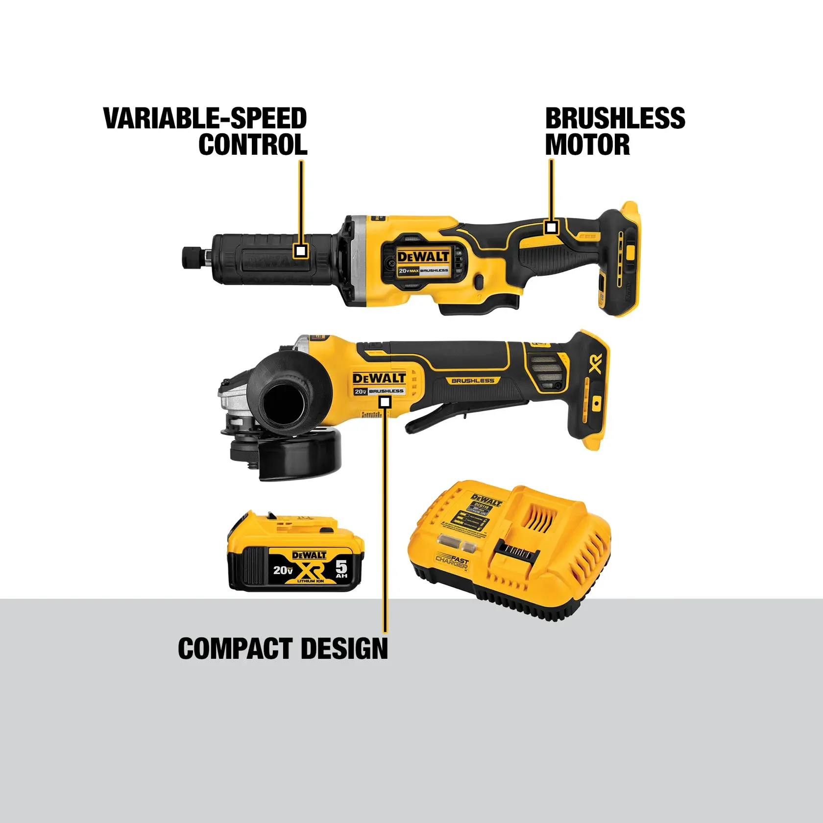 Image of a DEWALT 20V MAX XR cordless tool kit, including a die grinder, an angle grinder, a battery pack, and a charger. The die grinder features variable-speed control and a brushless motor. The angle grinder is described as having a compact design and a brushless motor. All items are shown in yellow and black.