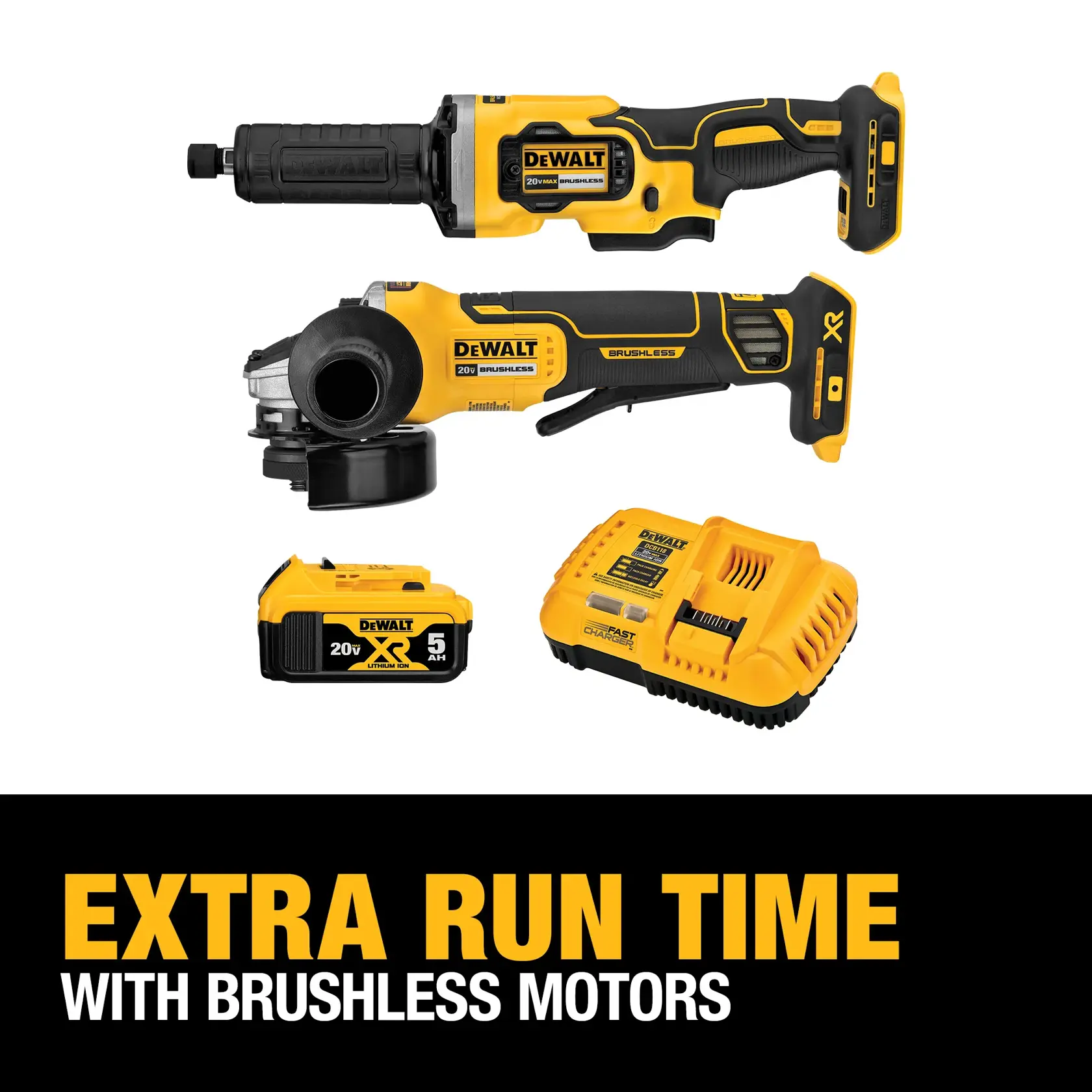 Image of a DEWALT cordless tool kit including a 20V brushless angle grinder, a 20V brushless die grinder, a 20V XR 5.0Ah lithium-ion battery, and a yellow charger. Bold text at the bottom reads 'EXTRA RUN TIME WITH BRUSHLESS MOTORS.'