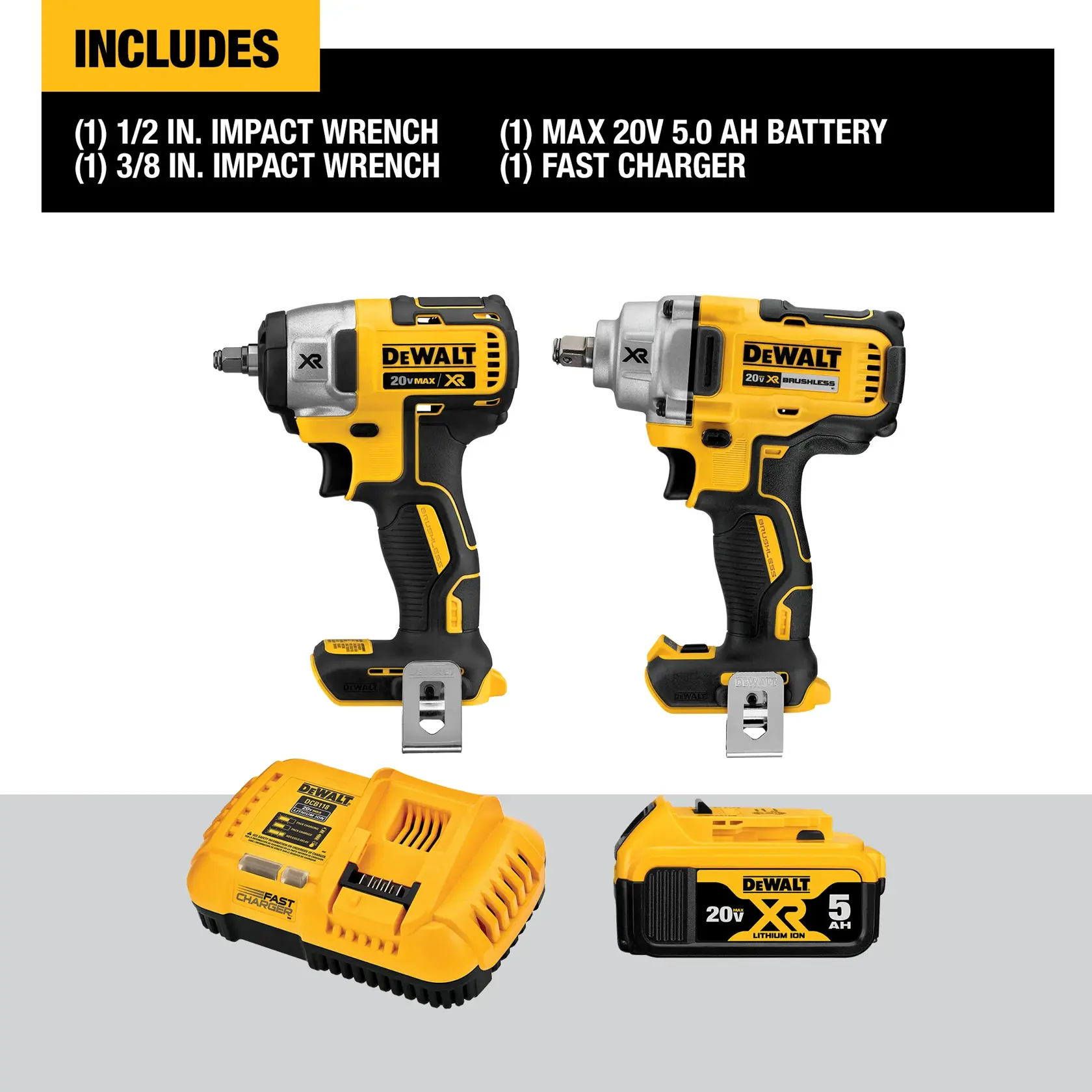 Image shows a DEWALT tool set that includes two cordless impact wrenches (a 1/2 inch and a 3/8 inch model), a 20V MAX XR 5.0 Ah lithium-ion battery, and a fast charger. The tools are mainly yellow and black in color.