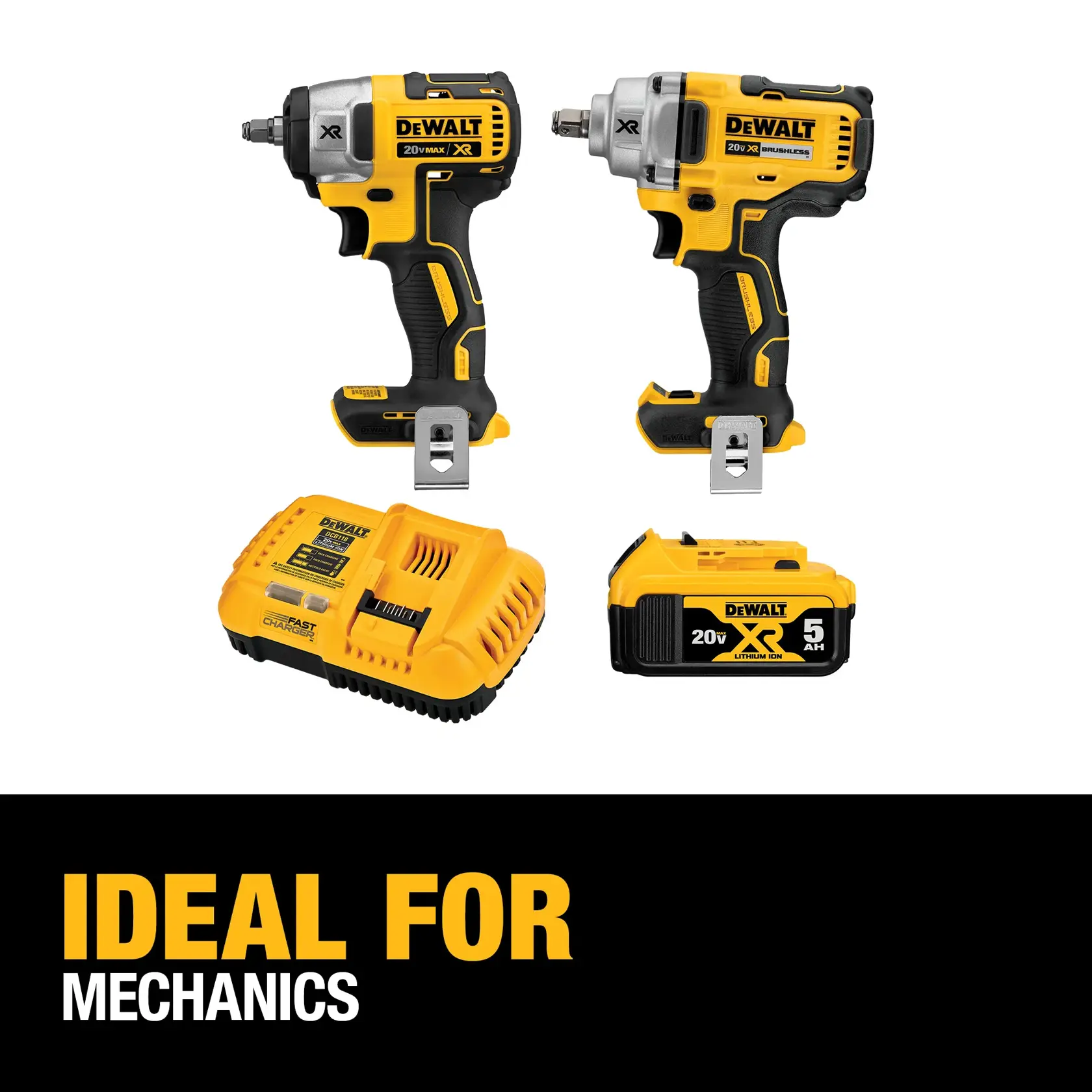 DEWALT 20V MAX XR kit for mechanics, featuring two cordless impact wrenches, a fast charger, and a 5.0Ah lithium-ion battery. The tools are arranged above a black and yellow banner that reads 'Ideal for mechanics.'