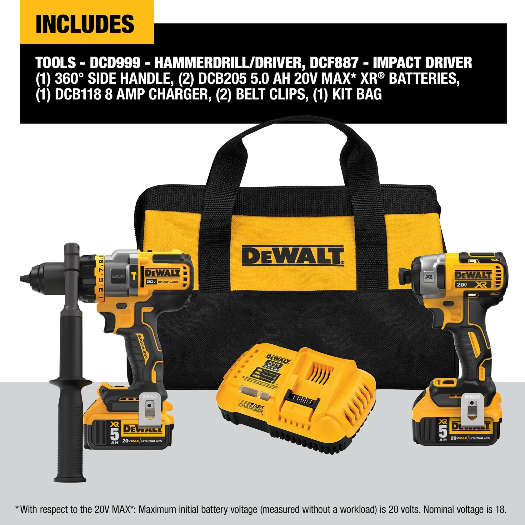 Kit d'outils DEWALT comprenant un sac de transport jaune et noir, une perceuse sans fil avec poignée, une visseuse à chocs sans fil, deux batteries rechargeables et un chargeur de batterie.