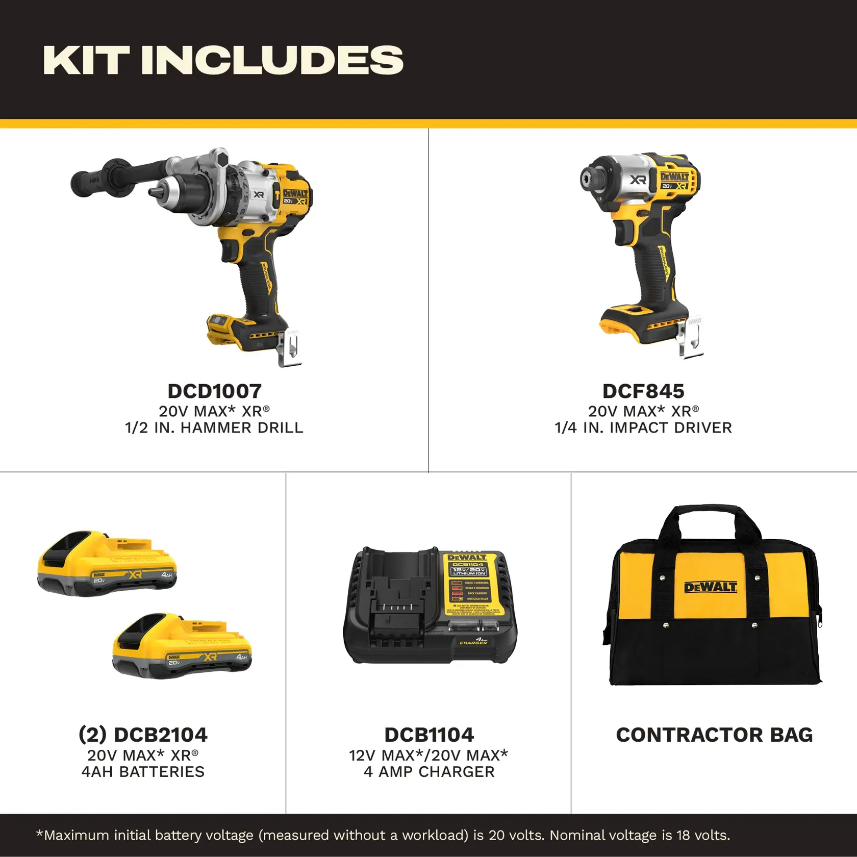Image showing a DEWALT tool kit with model DCK2101QQ2. The kit includes a DCD1007 20V MAX XR 1/2 inch hammer drill, a DCF845 20V MAX XR 1/4 inch 3-speed impact driver, two DCB2104 20V MAX XR 4AH batteries, one charger, and one contractor bag. All items are displayed with the DEWALT branded yellow and black bag in the background.