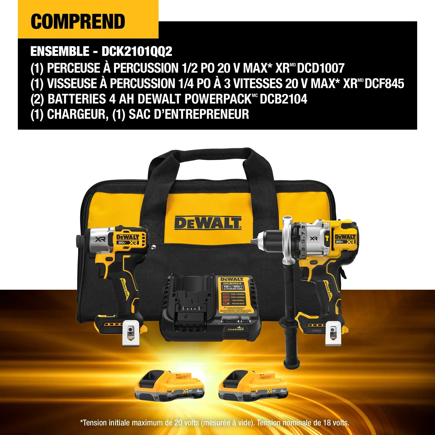 Image showing a DEWALT tool kit with model DCK2101QQ2. The kit includes a DCD1007 20V MAX XR 1/2 inch hammer drill, a DCF845 20V MAX XR 1/4 inch 3-speed impact driver, two DCB2104 20V MAX XR 4AH batteries, one charger, and one contractor bag. All items are displayed with the DEWALT branded yellow and black bag in the background.