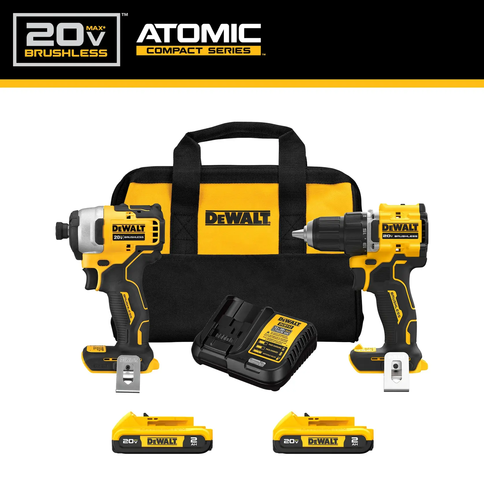 DEWALT 20V MAX ATOMIC Compact Series brushless tool kit, including a yellow and black carrying bag, a cordless drill, a cordless impact driver, a charger, and two 20V lithium-ion battery packs.