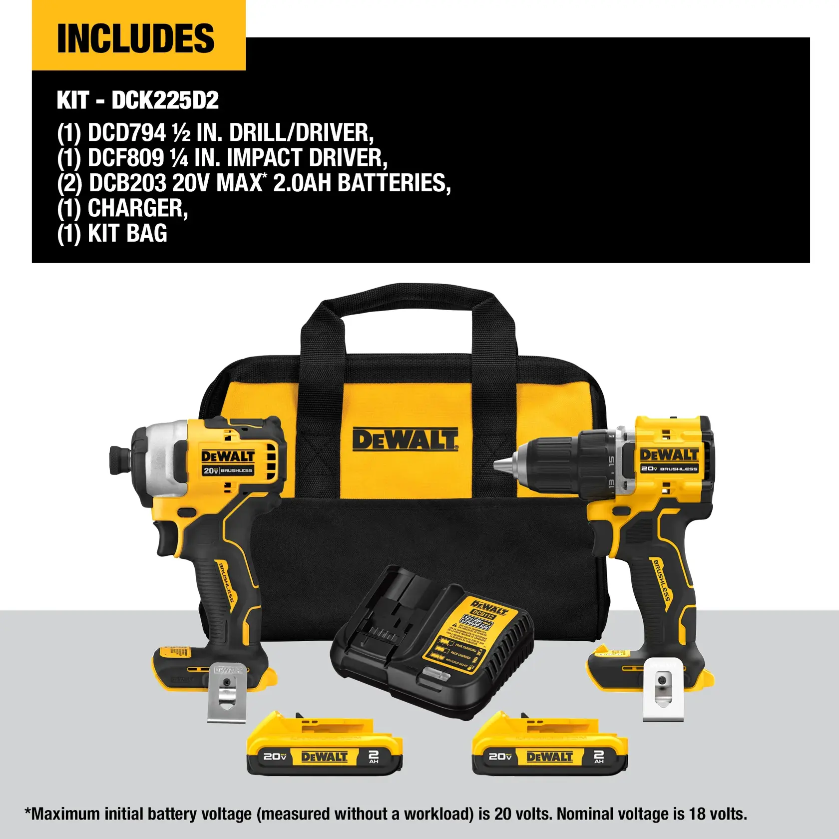DEWALT DCK225D2 kit includes one DCD794 1/2 inch drill/driver, one DCF809 1/4 inch impact driver, two DCB203 20V MAX 2.0Ah batteries, one charger, and one kit bag. The image shows the drill/driver, impact driver, charger, two batteries, and a black and yellow DEWALT carrying bag.
