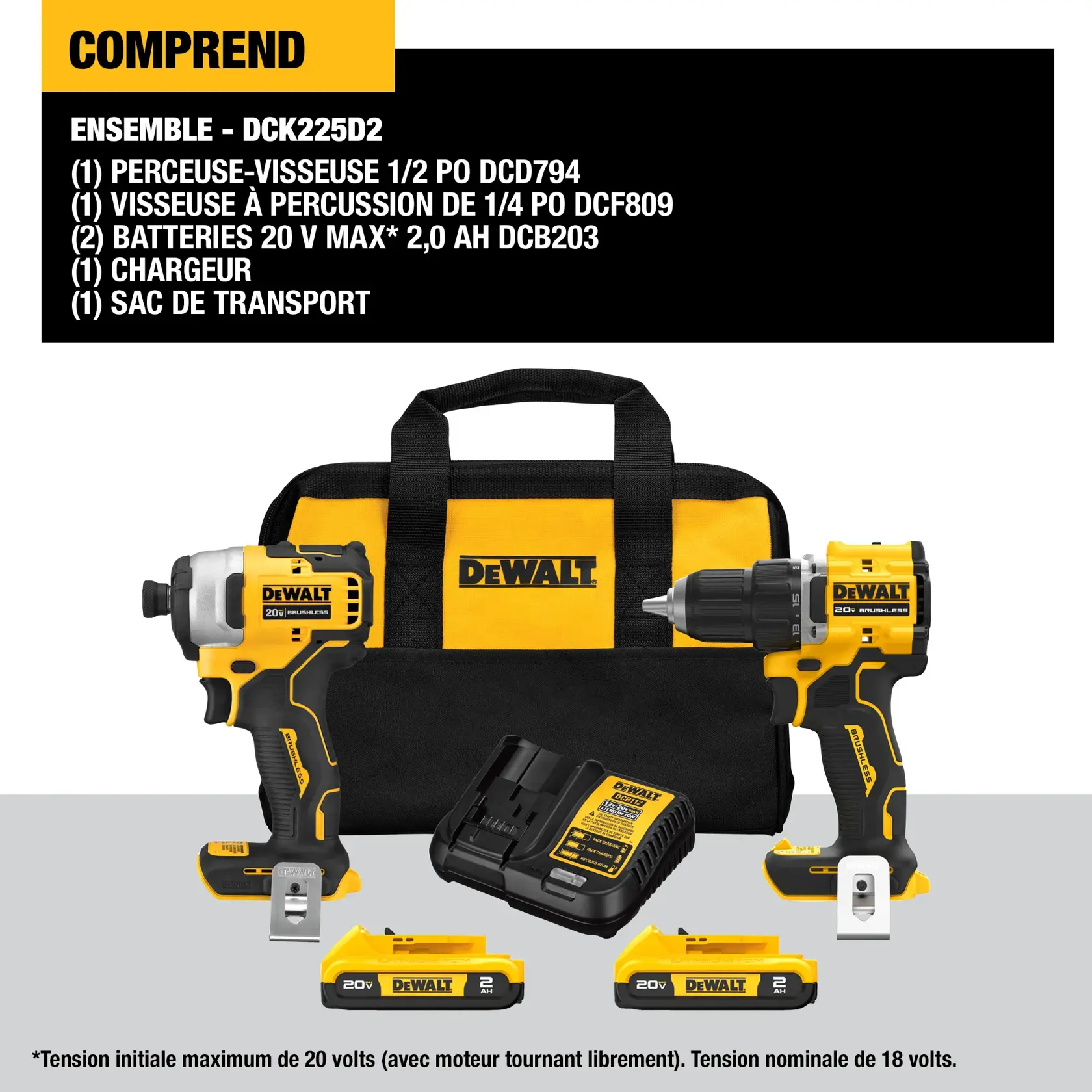 DEWALT DCK225D2 kit includes one DCD794 1/2 inch drill/driver, one DCF809 1/4 inch impact driver, two DCB203 20V MAX 2.0Ah batteries, one charger, and one kit bag. The image shows the drill/driver, impact driver, charger, two batteries, and a black and yellow DEWALT carrying bag.