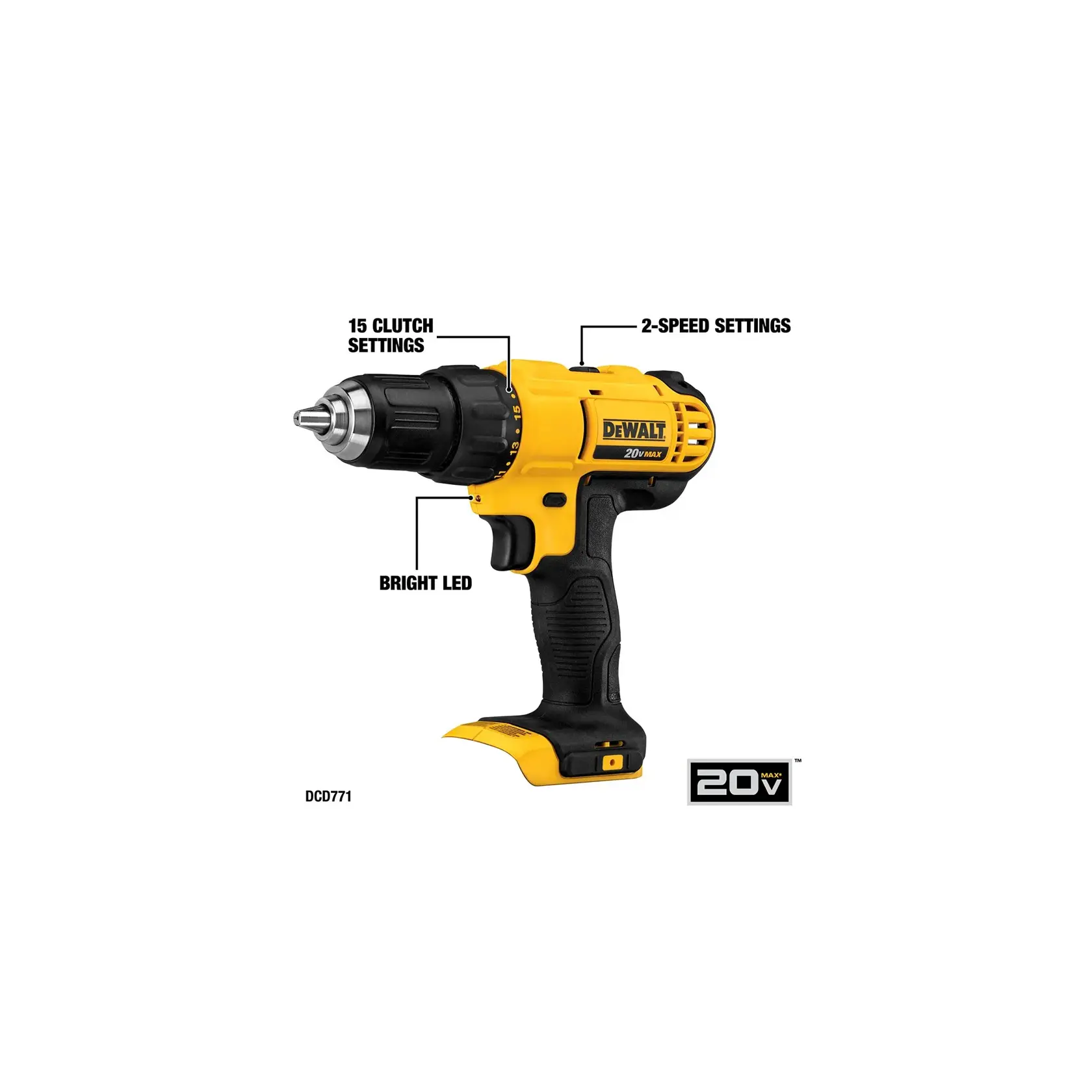 Image of a DEWALT 20V Max cordless drill with highlighted features. The drill has a 1/2 inch chuck, LED light, weighs 3.6 lbs, and delivers 300 UWO power. It operates at 1,500 RPM and 450 RPM. The DEWALT branding is visible on the drill body.