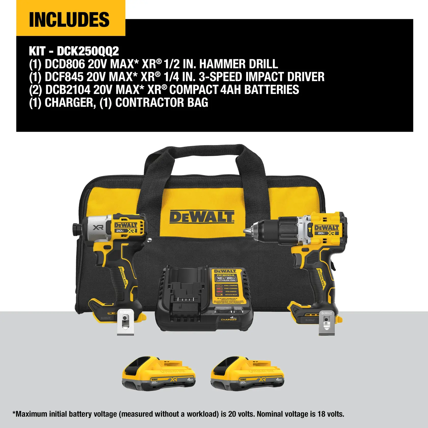 Image of a DEWALT kit (SKU: DCK250QQ2) including a yellow and black contractor bag, a DCD806 20V MAX XR 1/2 inch hammer drill, a DCF845 20V MAX XR 1/4 inch 3-speed impact driver, two DCB2104 20V MAX XR compact 4Ah batteries, and a charger. All items are displayed on a light background, with the DEWALT branding visible.