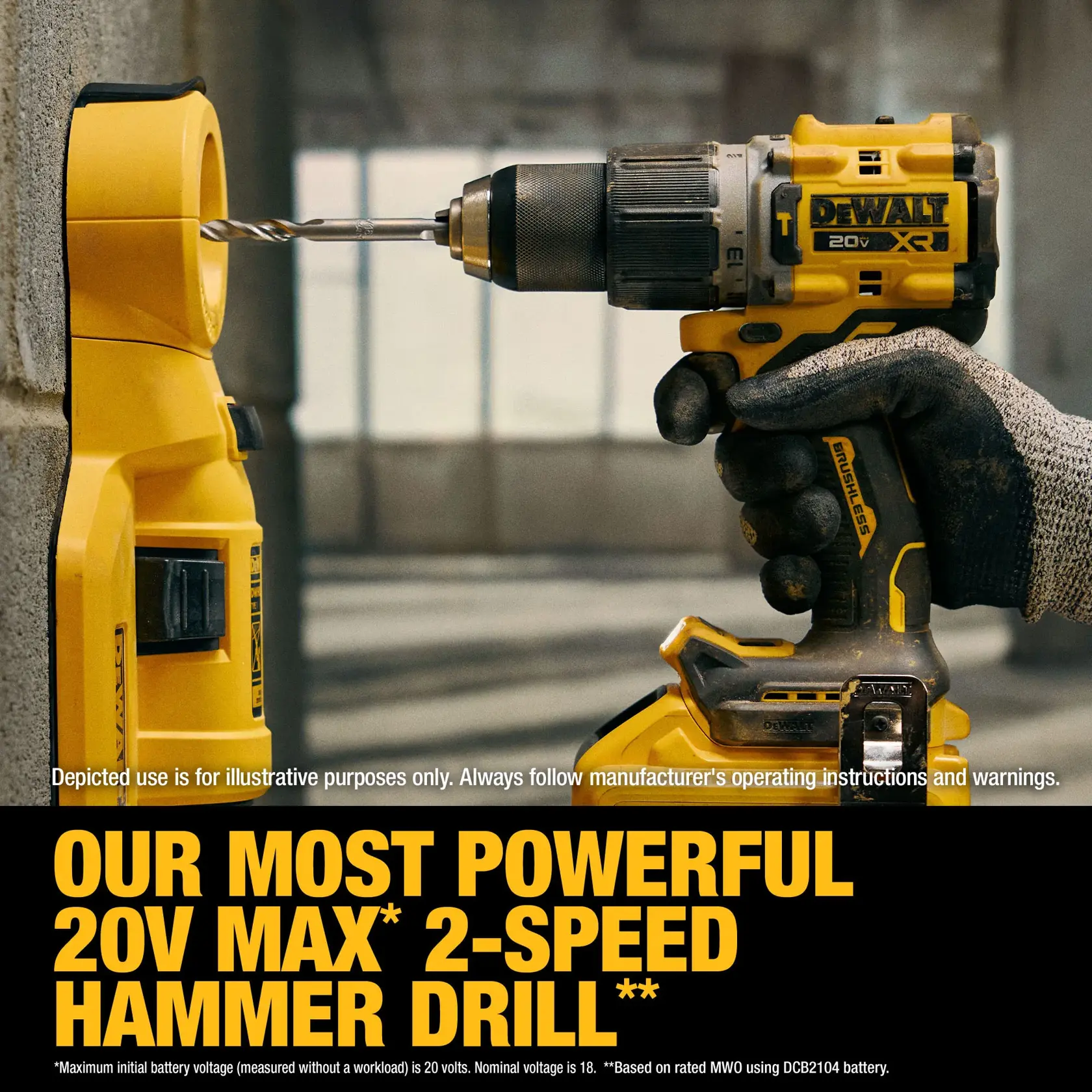 A close-up image of a gloved hand using a DEWALT 20V MAX XR brushless 2-speed hammer drill to drill into a yellow DEWALT device mounted on a concrete wall. Bold text at the bottom of the image reads: 'OUR MOST POWERFUL 20V MAX* 2-SPEED HAMMER DRILL**'.