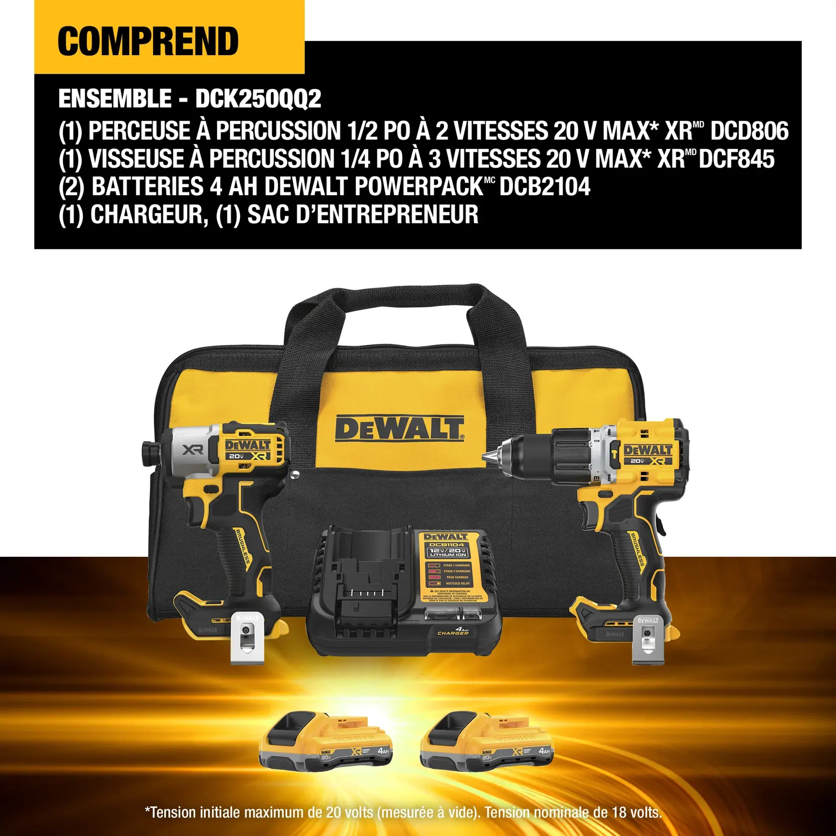 Image of a DEWALT kit (SKU: DCK250QQ2) including a yellow and black contractor bag, a DCD806 20V MAX XR 1/2 inch hammer drill, a DCF845 20V MAX XR 1/4 inch 3-speed impact driver, two DCB2104 20V MAX XR compact 4Ah batteries, and a charger. All items are displayed on a light background, with the DEWALT branding visible.