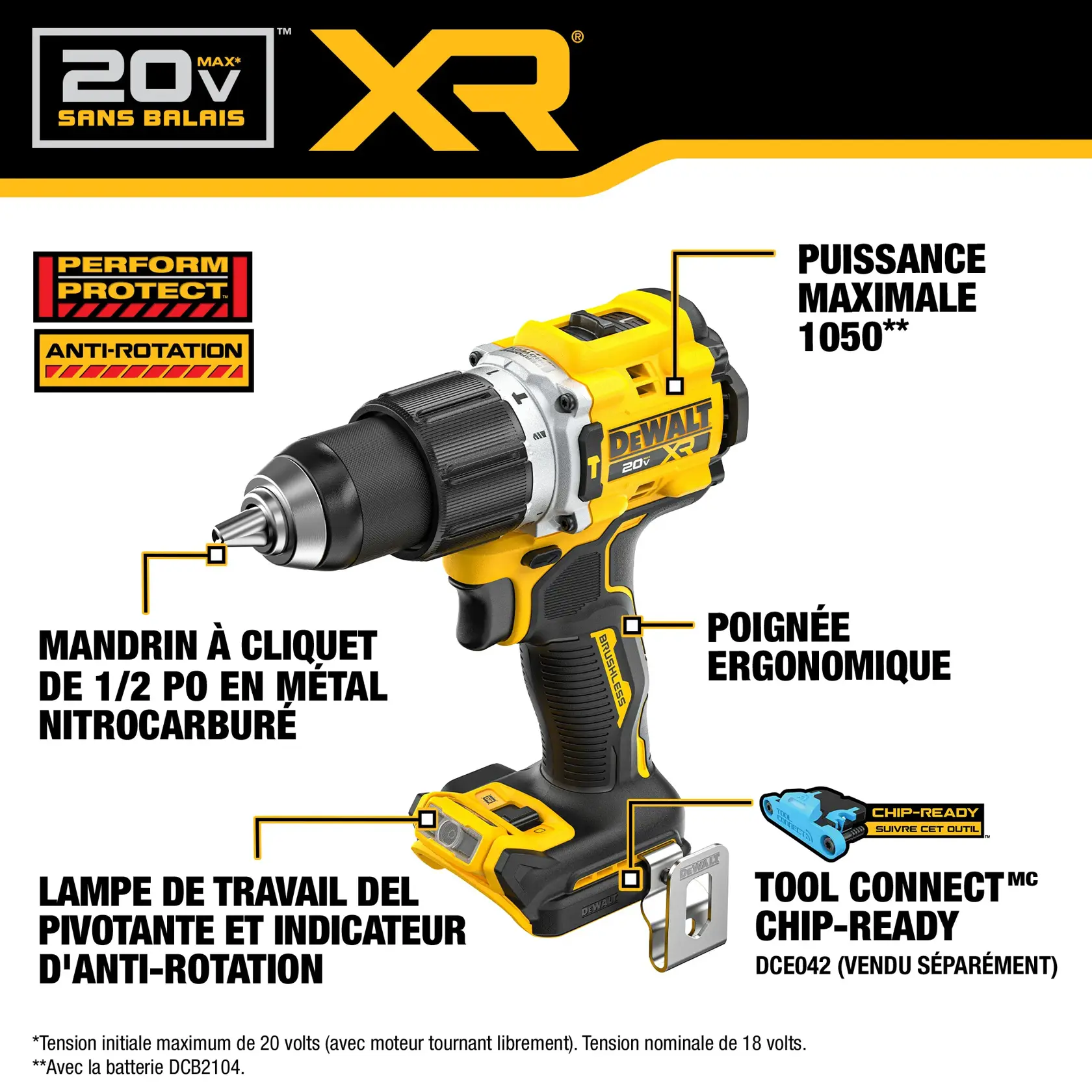 A graphic featuring the DEWALT 20V MAX XR Brushless Power Drill with highlighted features including Perform Protect anti-rotation, max power MWO 1050, 1/2 inch metal ratcheting chuck, ergonomic handle, pivoting LED work light and anti-rotation indicator, and Tool Connect chip-ready compatibility. There are labels and callouts overlaying the product image.