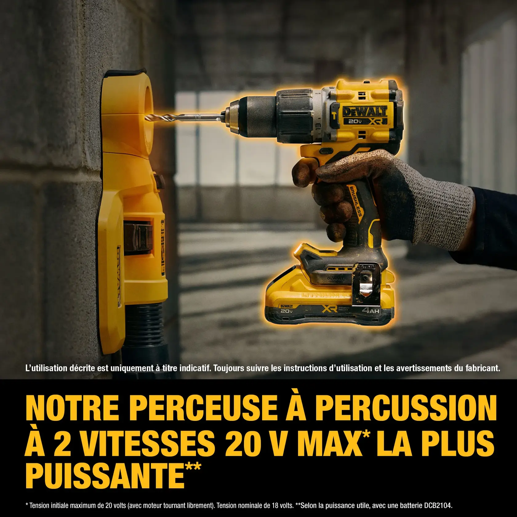 A close-up image of a gloved hand using a DEWALT 20V MAX XR brushless 2-speed hammer drill to drill into a yellow DEWALT device mounted on a concrete wall. Bold text at the bottom of the image reads: 'OUR MOST POWERFUL 20V MAX* 2-SPEED HAMMER DRILL**'.
