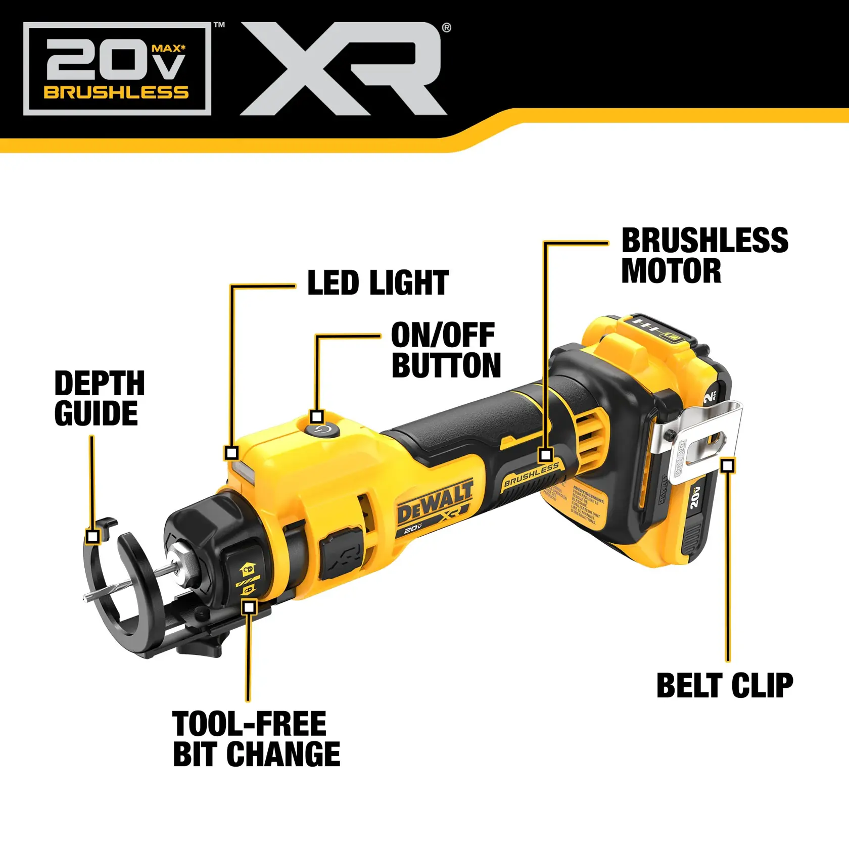 Image of a DEWALT 20V Max XR Brushless power tool featuring labeled parts including depth guide, tool-free bit change, LED light, on/off button, brushless motor, and belt clip.