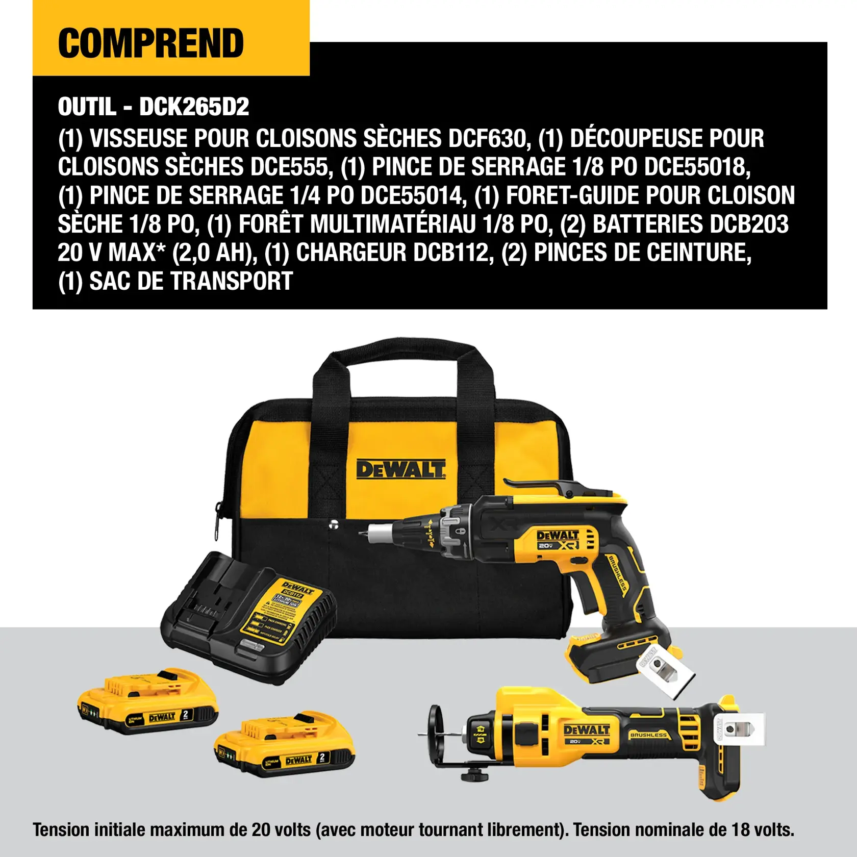 Image showing the contents of the DEWALT DCK265D2 tool kit. Included are a drywall screwgun, a drywall cut-out tool, two battery packs, a charger, a kit bag, two belt clips, collets, bits, and guide point bit. All items are displayed in front of a black and yellow DEWALT tool bag.