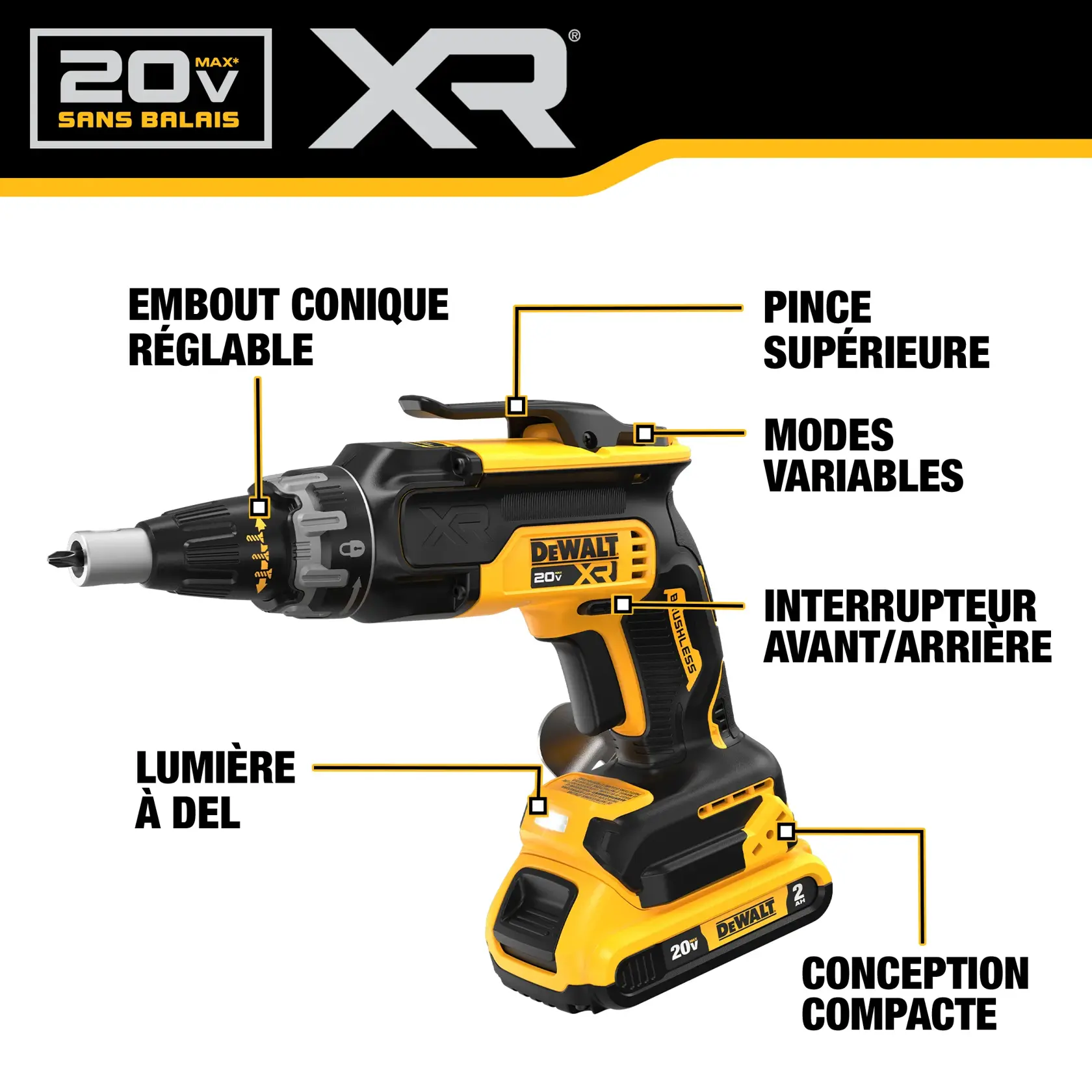 Image of a DEWALT 20V Max XR cordless power tool with brushless motor. Labeled features include adjustable nosecone, top clip, variable modes, forward/reverse slider switch, LED light, and compact design.