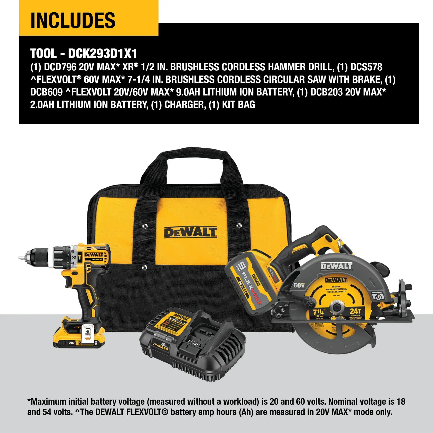 DEWALT DCK293D1X1 tool kit contents include a brushless cordless hammer drill, a brushless cordless circular saw with brake, a FLEXVOLT 20V/60V MAX 9.0Ah lithium ion battery, a 20V MAX 2.0Ah lithium ion battery, a charger, and a yellow and black DEWALT kit bag, all shown arranged on a grey surface.