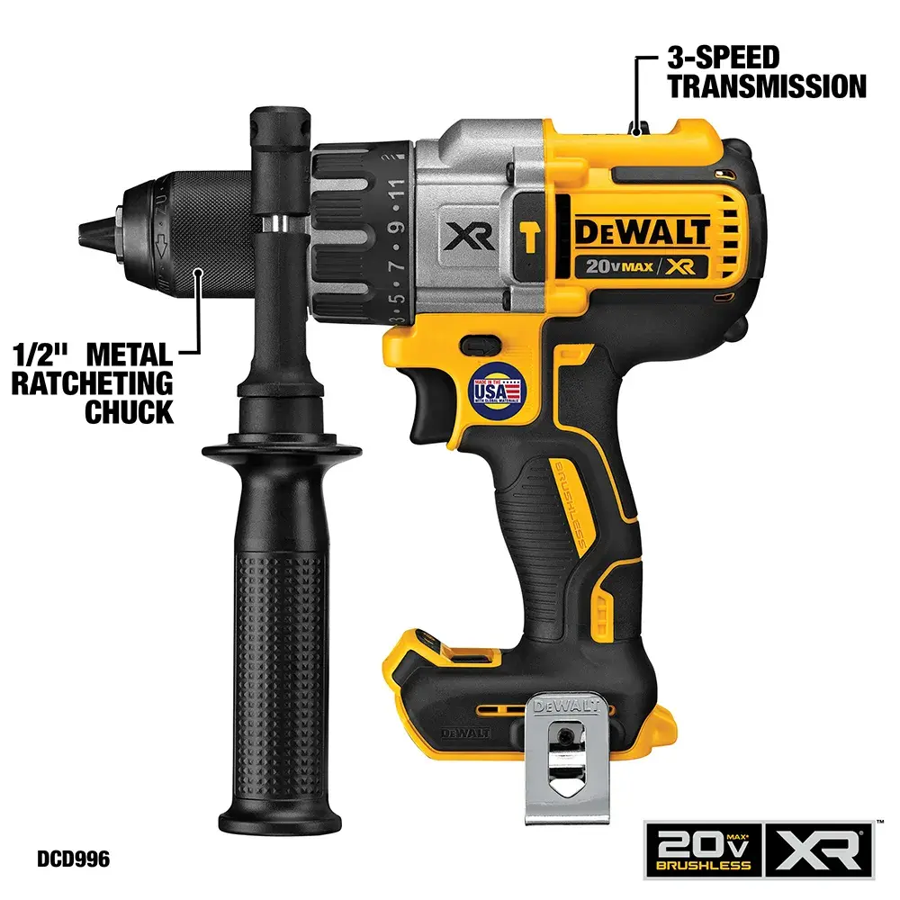 A DEWALT 20V MAX XR cordless drill with a metal ratcheting chuck and a side handle. The image highlights its 3-speed transmission and 1/2 inch metal ratcheting chuck. The drill is black and yellow with DEWALT branding and USA label.