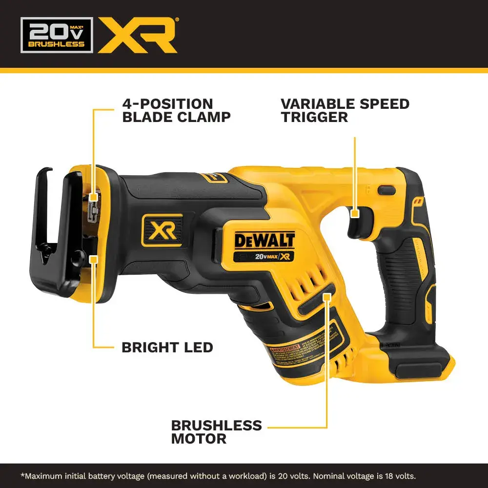 Image of a DEWALT 20V XR cordless reciprocating saw with highlighted features: 4-position blade clamp, variable speed trigger, bright LED, and brushless motor.