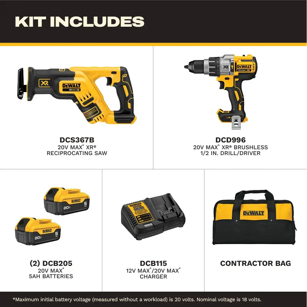DEWALT power tool kit featuring a drill driver, reciprocating saw, two batteries, charger, belt hook, and contractor bag. The contractor bag is black and yellow with a DEWALT logo and a 'Made in USA' tag. The kit contents are listed above the tools.
