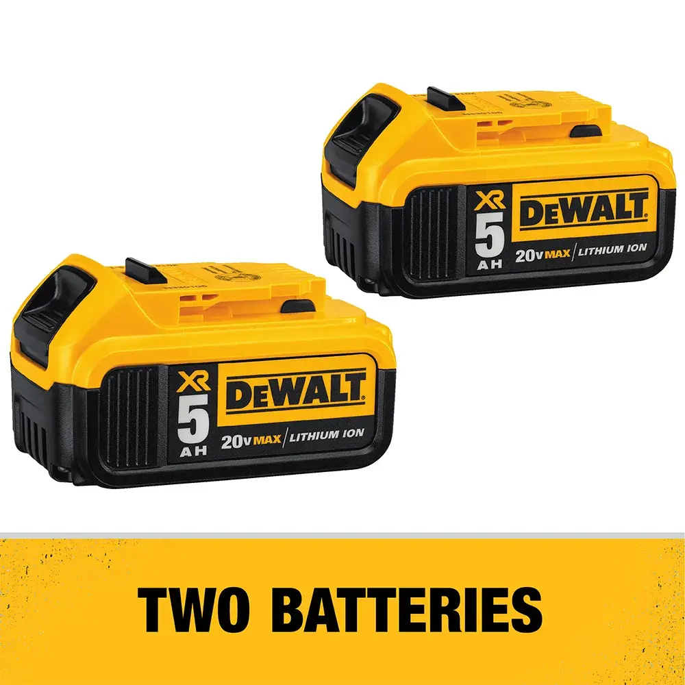 Image shows two DEWALT XR 20V Max 5Ah lithium-ion batteries. Below the batteries, there is a yellow banner with the text 'TWO BATTERIES'.