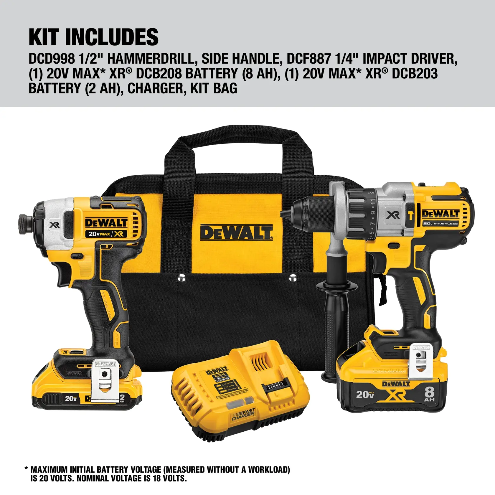 Image of a DEWALT tool kit including a hammer drill, impact driver, two 20V MAX XR batteries (8Ah and 2Ah), charger, side handle, and a black and yellow DEWALT kit bag.