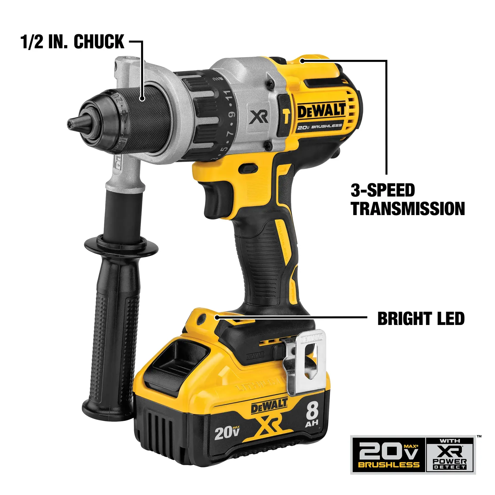 DEWALT 20V XR Brushless cordless power drill with a 1/2 inch chuck, 3-speed transmission, bright LED light, and an 8 Ah battery. Features XR Power Detect technology.