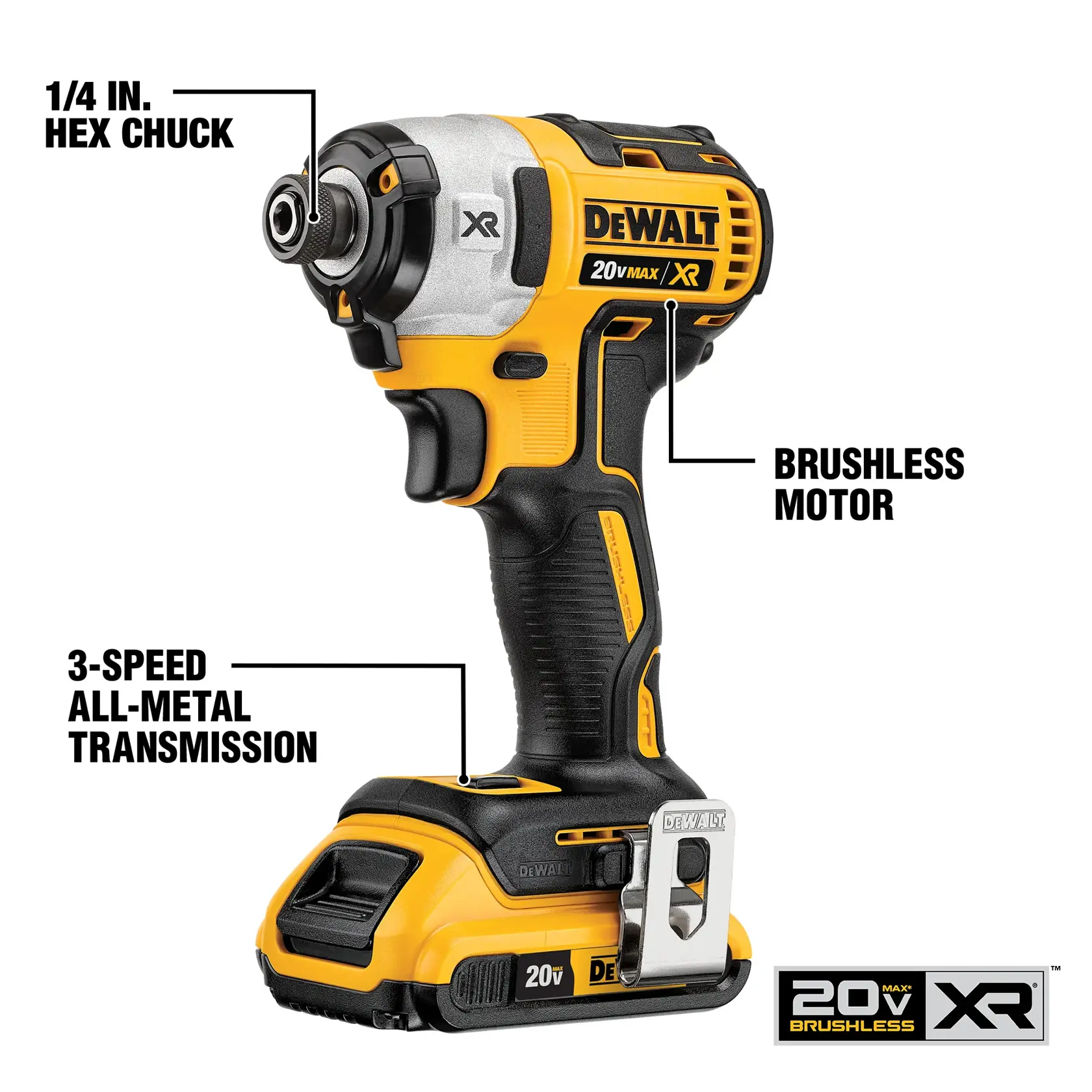 A DEWALT 20V MAX XR cordless impact driver power tool featuring a brushless motor, a 1/4 inch hex chuck, and a 3-speed all-metal transmission. The tool is yellow and black with labeling highlighting its main features.