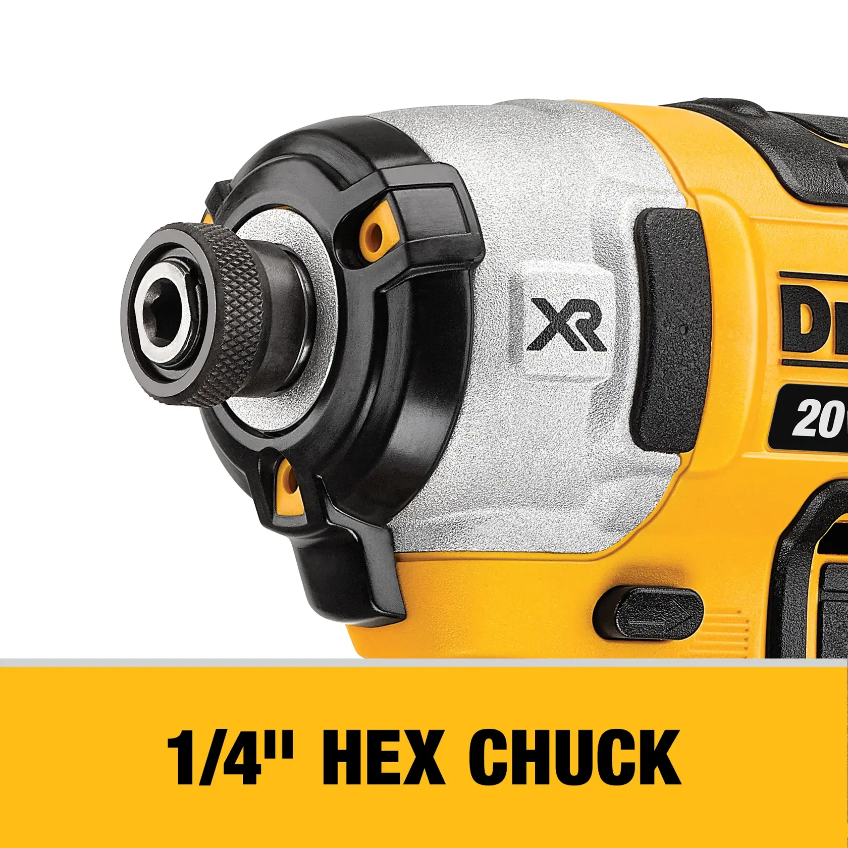 Close-up image of a DEWALT power tool with a 1/4 inch hex chuck, featuring the XR branding and part of the yellow and black tool body.