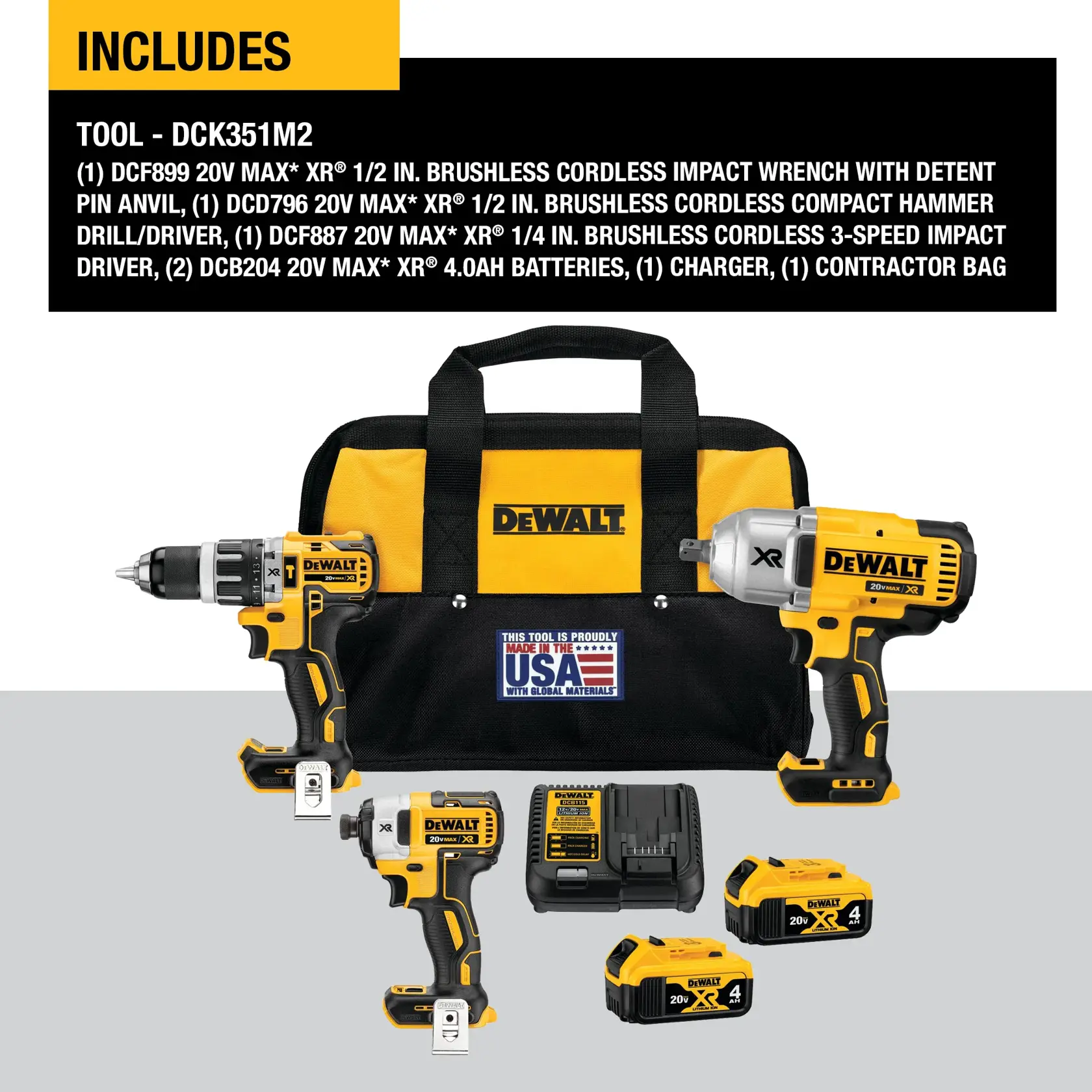 Image showing the DEWALT DCK351M2 tool kit, which includes three cordless power tools (an impact wrench, a hammer drill/driver, and a 3-speed impact driver), two 20V MAX XR 4.0Ah batteries, a charger, and a black-and-yellow contractor bag with a DEWALT logo. The bag has a label stating 'Made in the USA with Global Materials.'