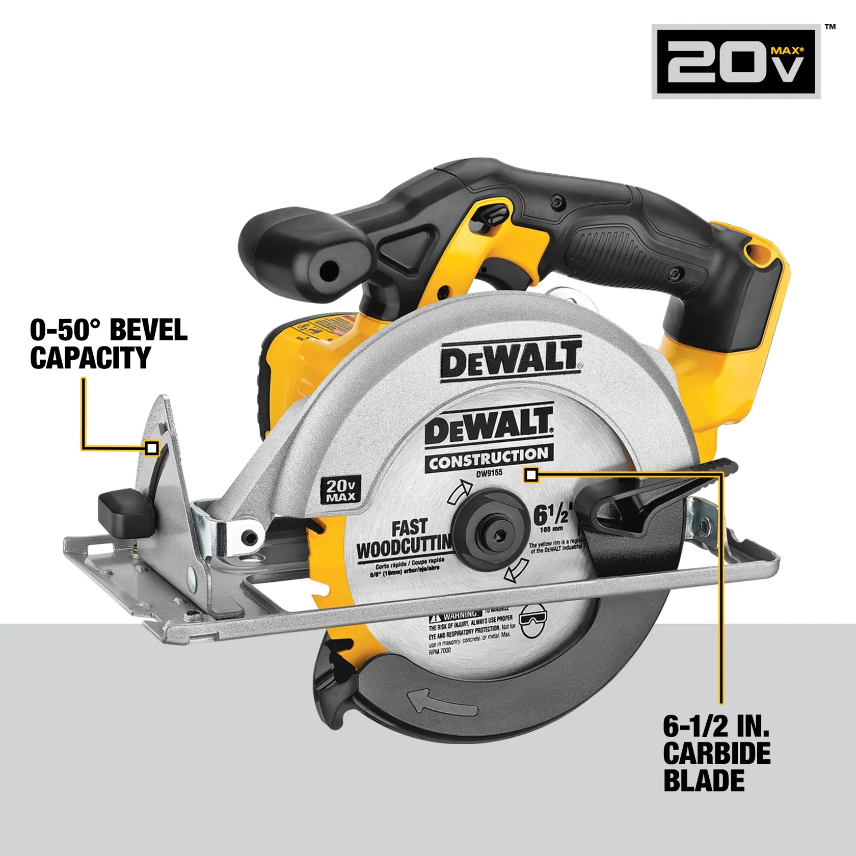 A DEWALT 20V Max cordless circular saw with a 6-1/2 inch carbide blade. The saw features a 0-50 degree bevel capacity. The product is labeled for fast wood cutting and construction.