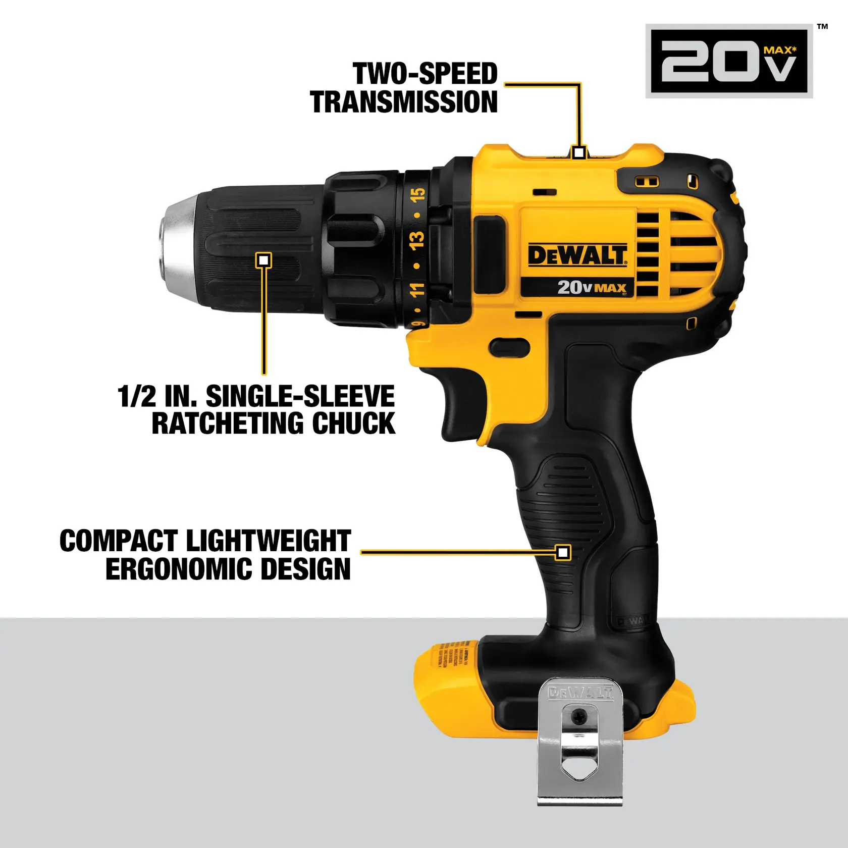Image of a DEWALT 20V Max cordless drill featuring highlighted features: two-speed transmission, a 1/2 inch single-sleeve ratcheting chuck, and a compact lightweight ergonomic design. The drill is shown upright with labeled specifications.