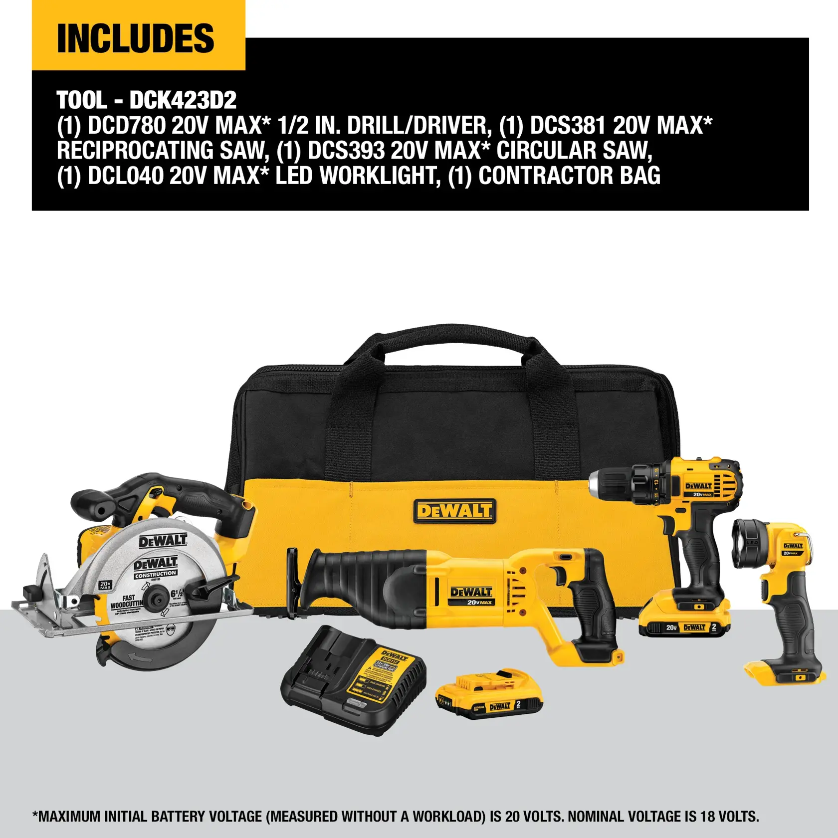 Image of a DEWALT tool kit, model DCK423D2, showing and listing included items: a contractor bag, a DCD780 20V MAX 1/2 inch drill/driver, a DCS381 20V MAX reciprocating saw, a DCS393 20V MAX circular saw, a DCL040 20V MAX LED worklight, battery and charger. All tools have a yellow and black DEWALT design.