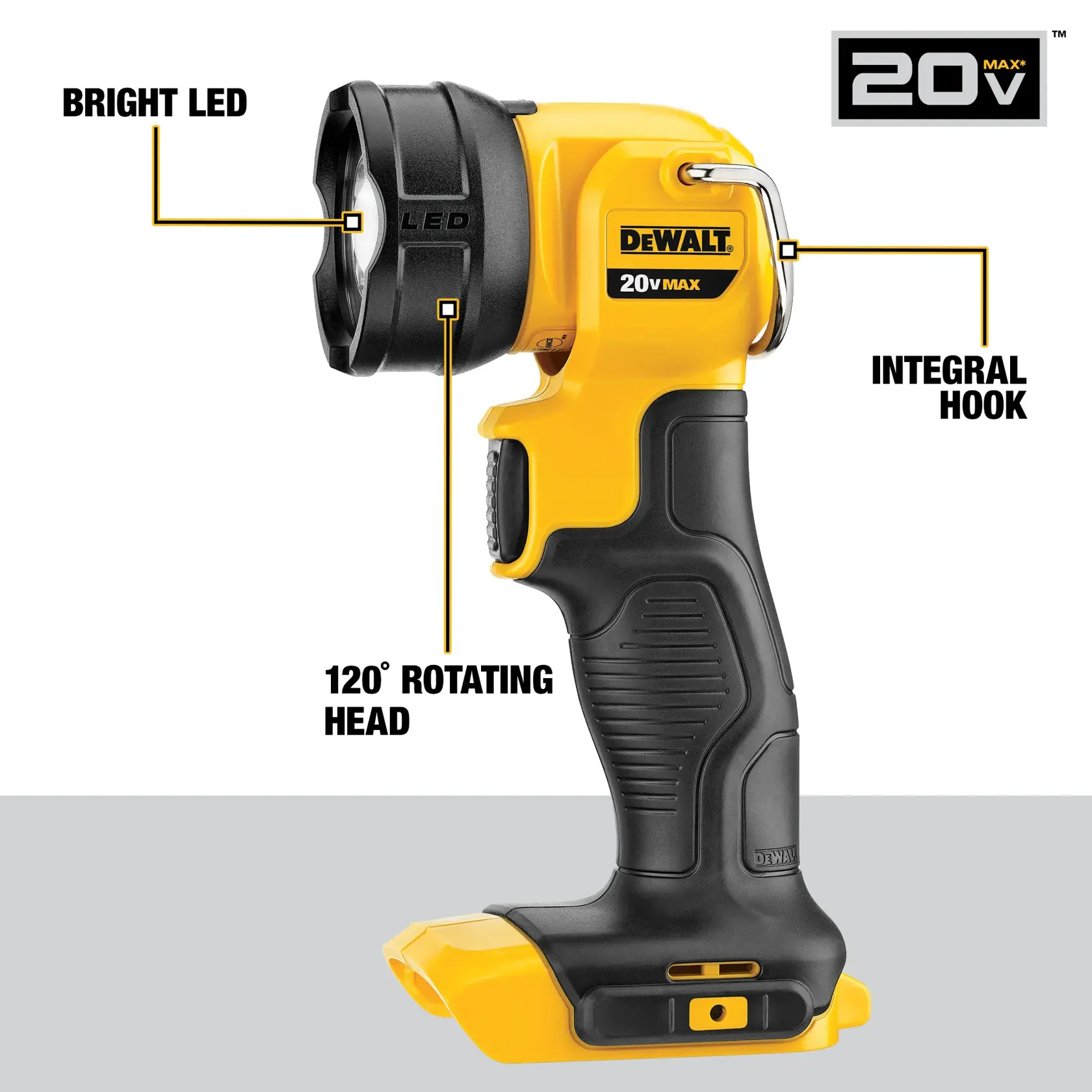 A DEWALT 20V Max LED spotlight with a bright LED, an integral hook, and a 120-degree rotating head. The flashlight is yellow and black with ergonomic features, suitable for cordless use.