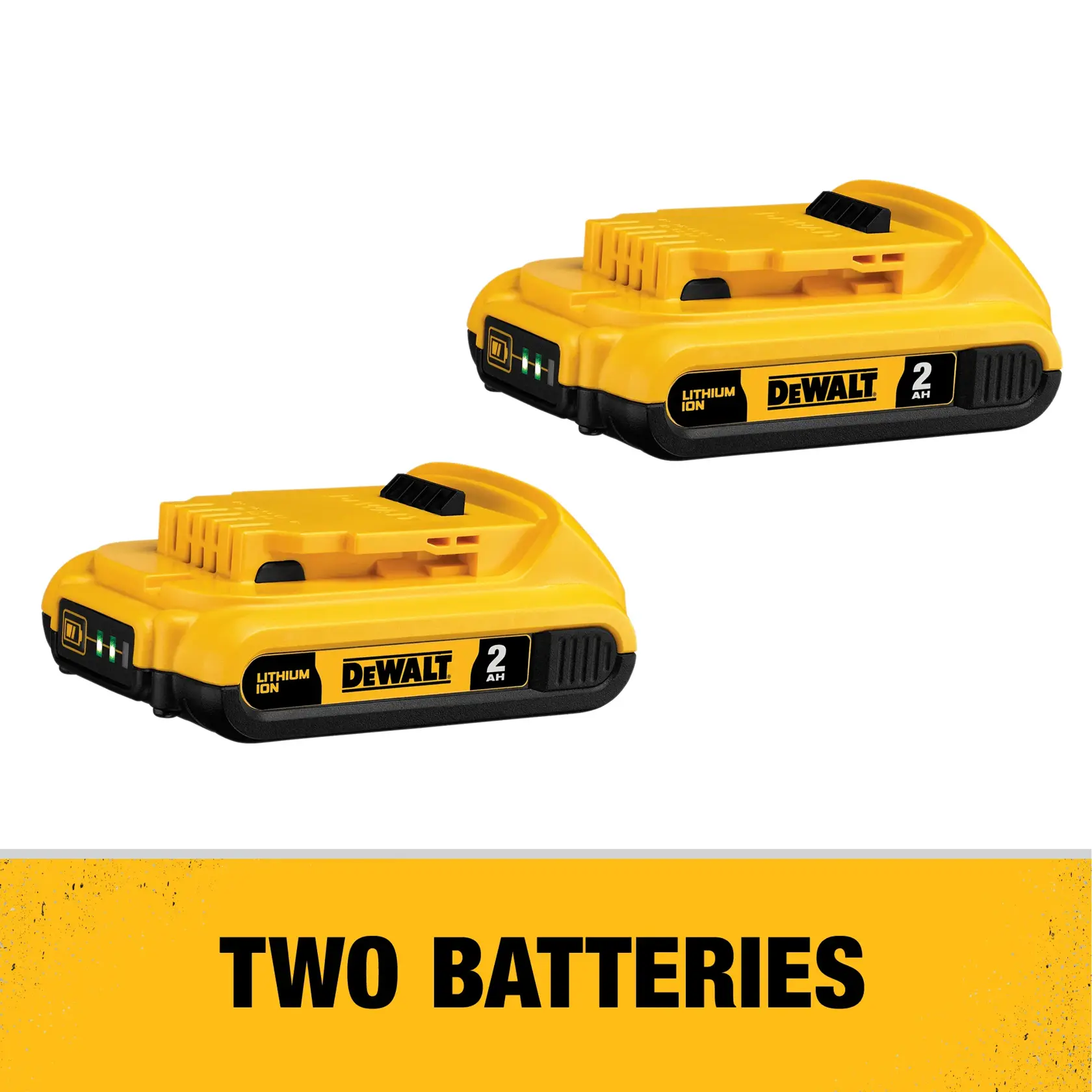 Two DEWALT 20V Lithium-Ion batteries, each with 2 amp hours capacity, displayed on a white background with a yellow banner stating 'Two Batteries'.