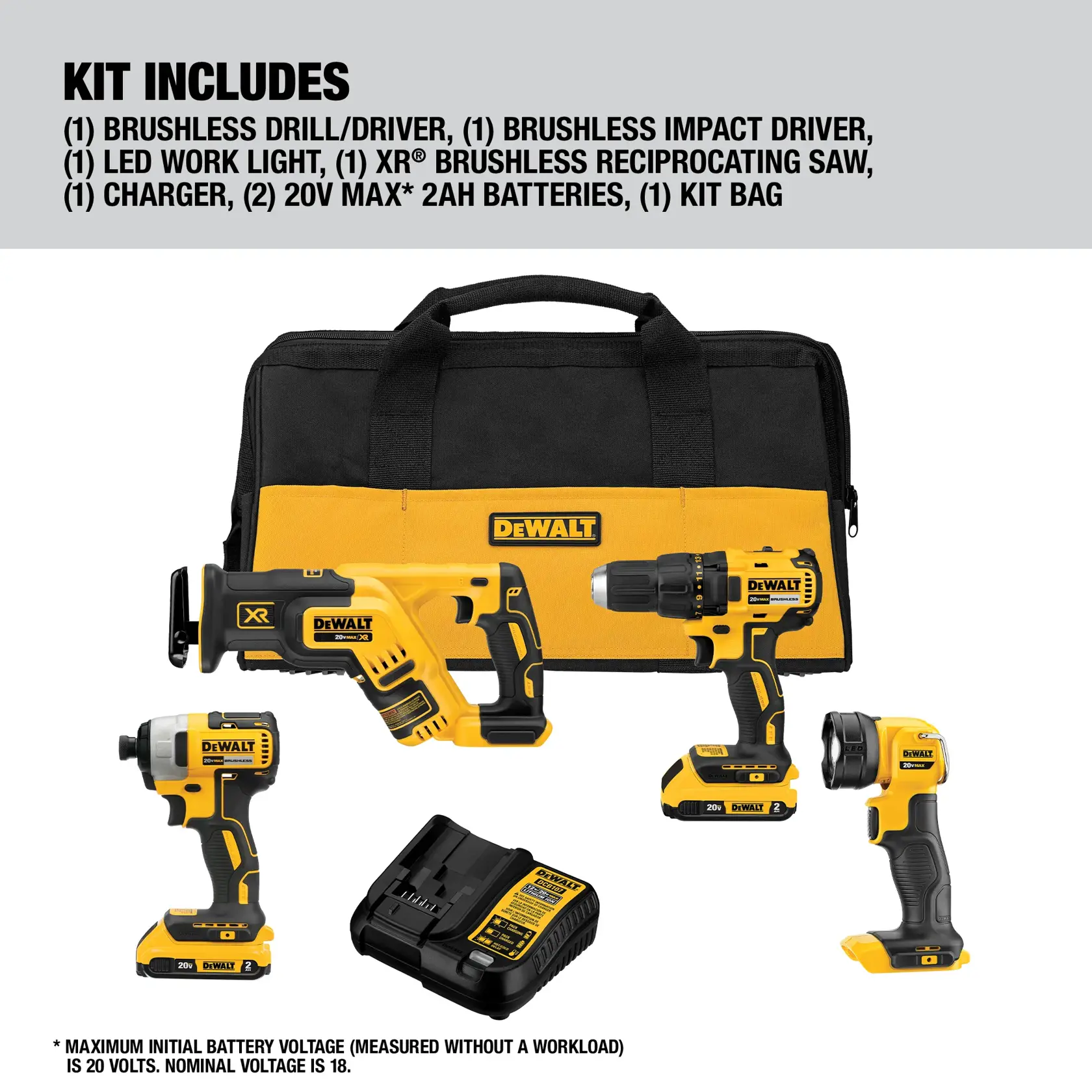 Image of a DEWALT tool kit, model DCK476D2, showing a branded kit bag and several tools including a brushless drill/driver, brushless impact driver, LED work light, XR brushless reciprocating saw, charger, and two 20V Max 2Ah batteries. All items are arranged in front of the kit bag, which is black and yellow with the DEWALT logo.