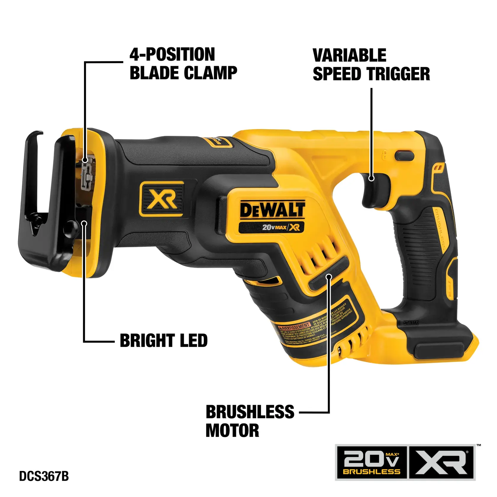 Image of a DEWALT 20V Max XR brushless reciprocating saw, featuring a 4-position blade clamp, a variable speed trigger, a bright LED, and a brushless motor. The tool is yellow and black with ergonomic handles and highlighted feature labels.