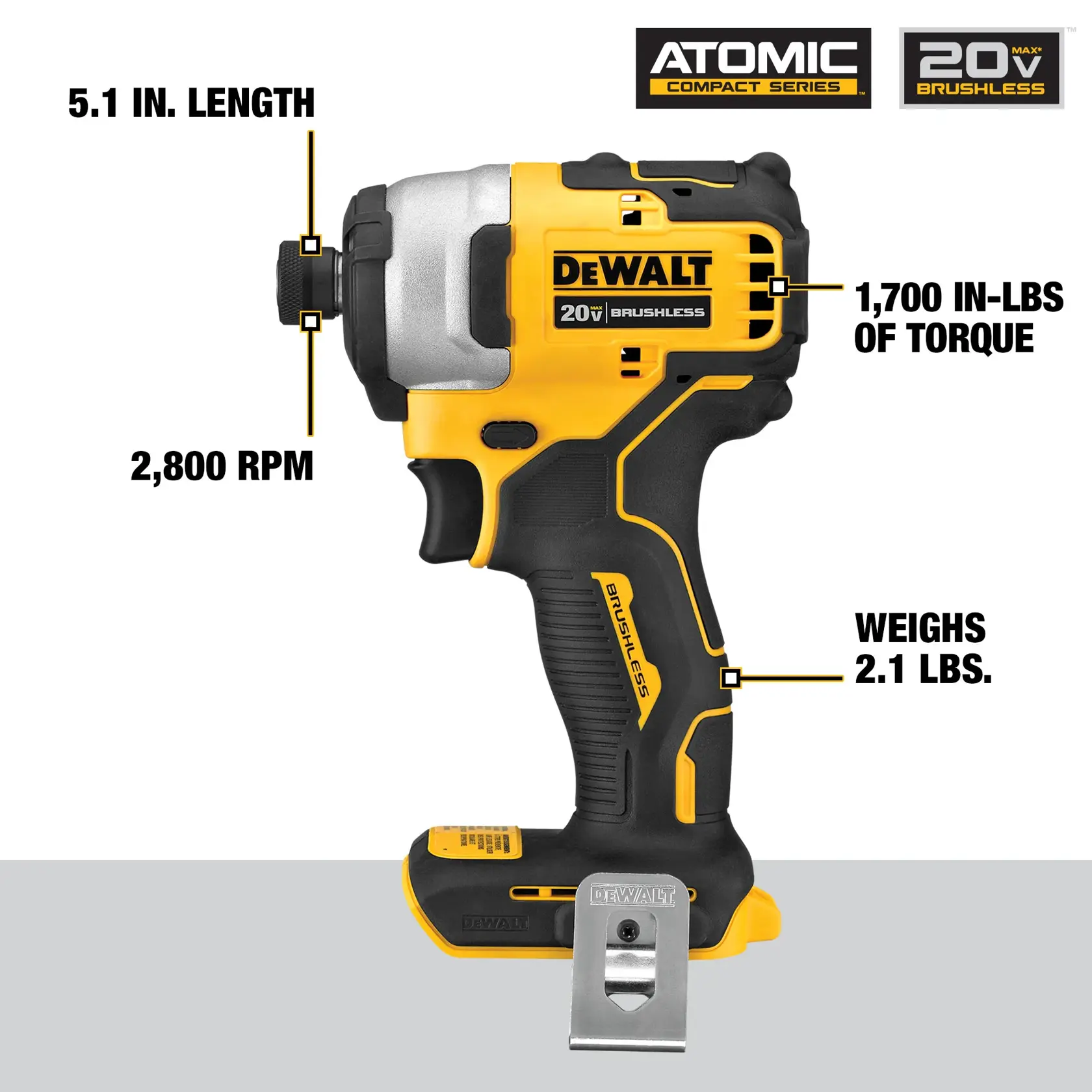Image of a DEWALT 20V brushless impact driver from the Atomic Compact Series. The tool is yellow and black, with specifications highlighted: it is 5.1 inches in length, runs at 2,800 RPM, delivers 1,700 in-lbs of torque, and weighs 2.1 lbs.