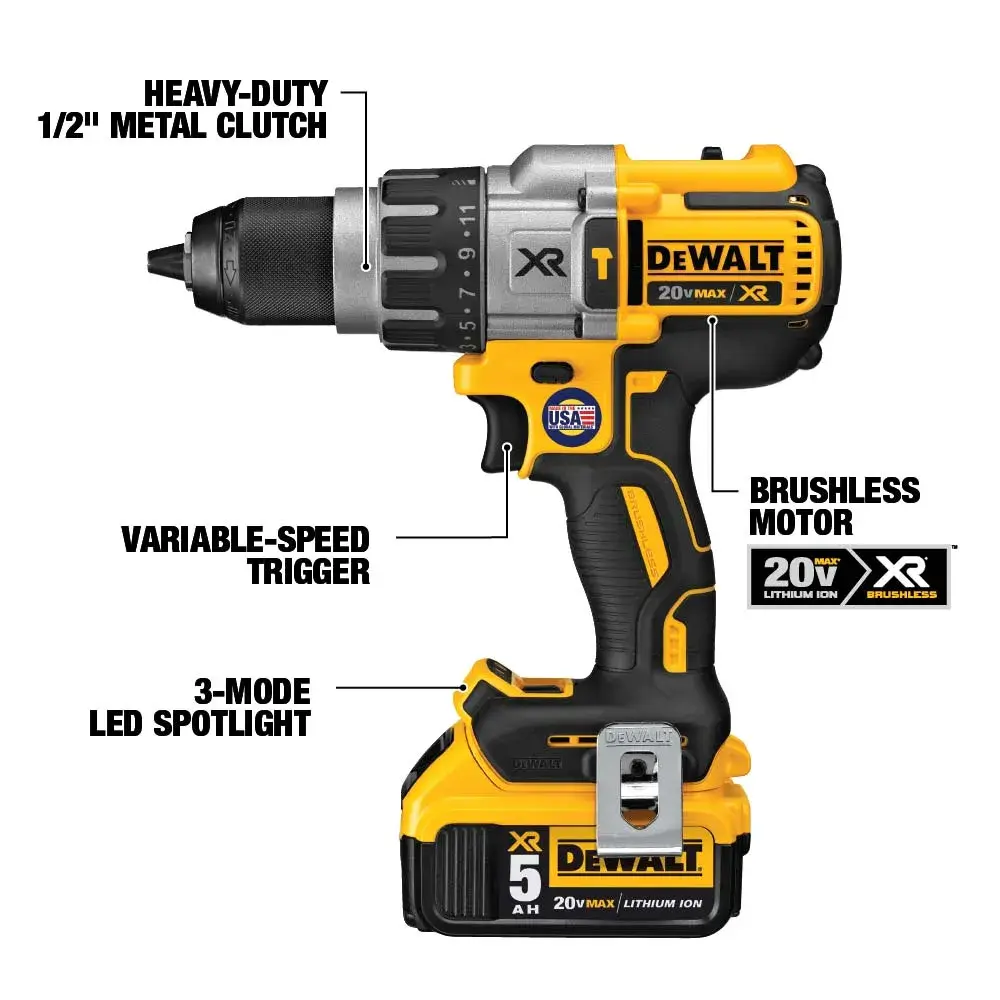 Image of a DEWALT 20V MAX XR cordless drill with highlighted features including a heavy-duty 1/2 inch metal clutch, variable-speed trigger, 3-mode LED spotlight, and brushless motor. The drill is yellow and black and includes a 5Ah battery.