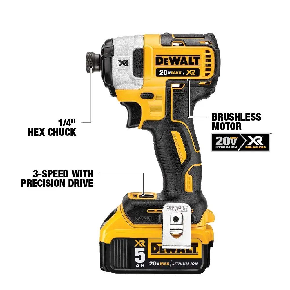 DEWALT 20V MAX XR cordless impact driver with brushless motor, featuring a 1/4 inch hex chuck, three-speed precision drive, and lithium-ion battery.