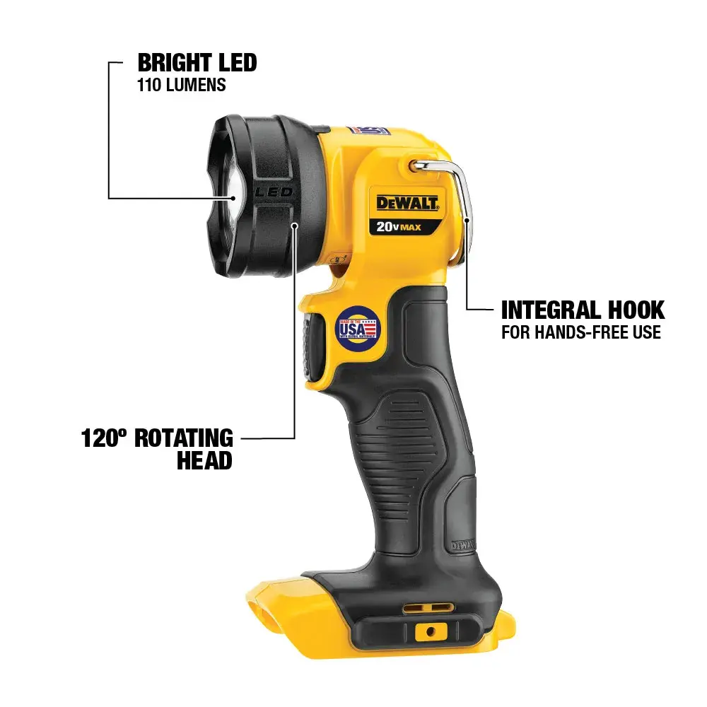 A yellow and black DEWALT handheld LED work light with a 120-degree rotating head, integral hook for hands-free use, and produces 110 lumens of brightness. Text labels highlight these features.
