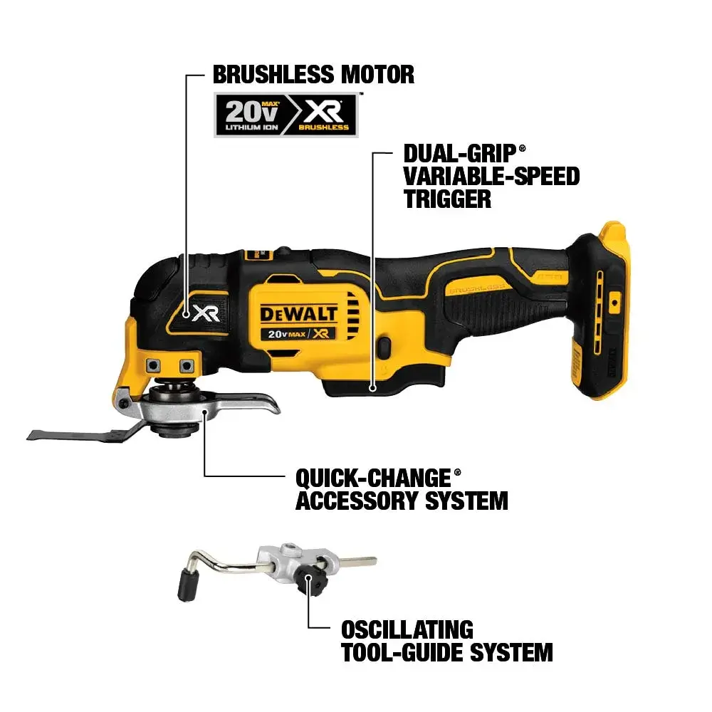 A DEWALT 20V XR cordless oscillating multi-tool with brushless motor, dual-grip variable-speed trigger, quick-change accessory system, and oscillating tool-guide system. Key features are labeled on the image.