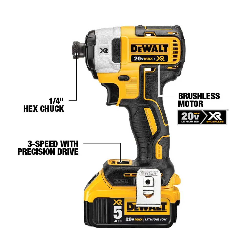 A DEWALT 20V MAX XR cordless impact driver is shown. The tool features a 1/4 inch hex chuck, brushless motor, and 3-speed with precision drive. The driver has yellow and black coloring, with DEWALT branding visible on the battery and body.