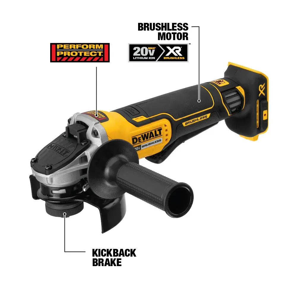 A DEWALT cordless angle grinder featuring a brushless motor, Perform & Protect safety label, 20V XR lithium-ion battery compatibility, and kickback brake indicated on the body.