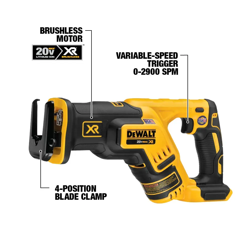A DEWALT 20V XR cordless reciprocating saw with a brushless motor, variable-speed trigger, and four-position blade clamp. The saw is black and yellow, with labeled features highlighting its power, blade clamp, and speed control.
