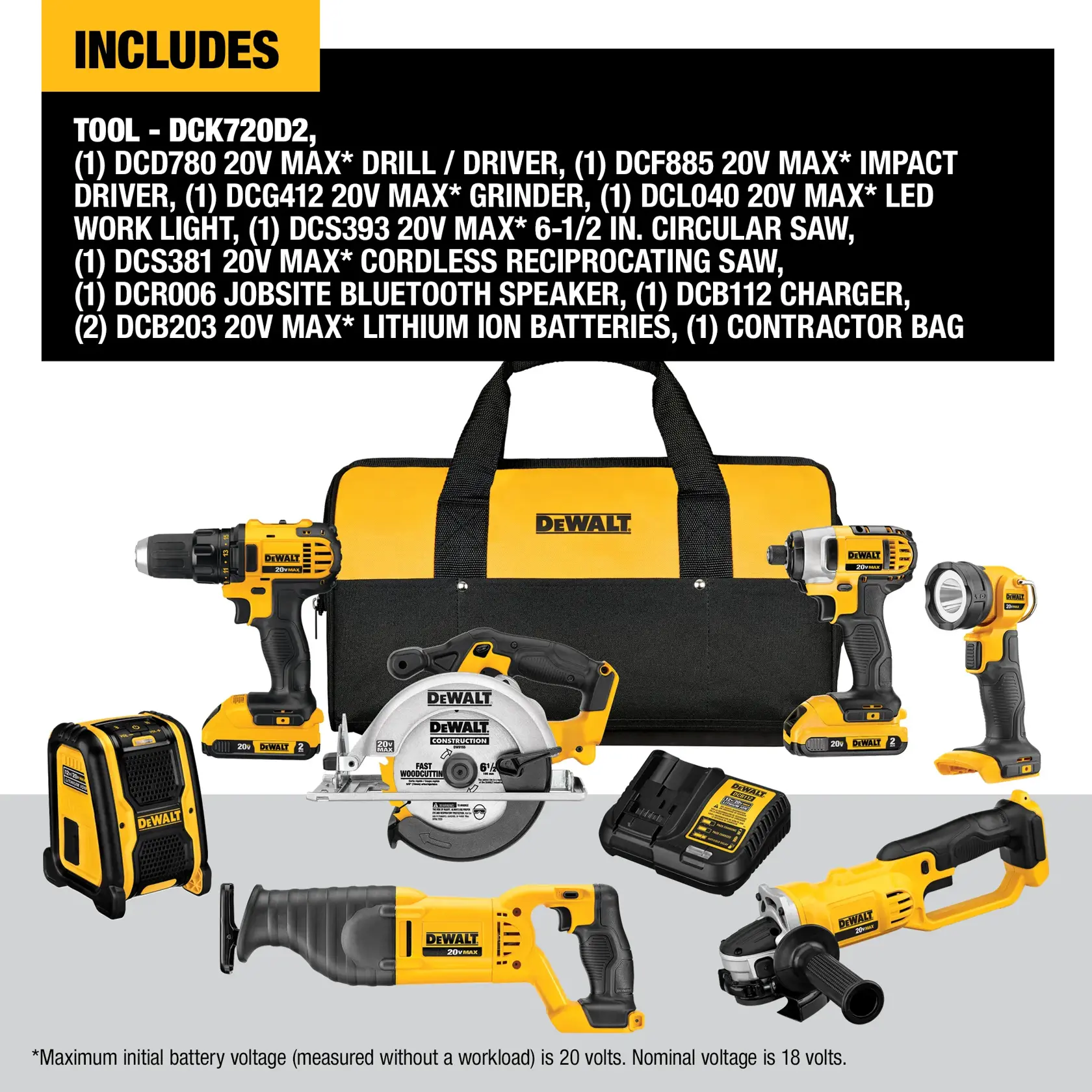 Image showing the DEWALT DCK720D2 20V MAX 7-tool combo kit. Includes a contractor bag, drill/driver, impact driver, grinder, LED work light, circular saw, reciprocating saw, jobsite Bluetooth speaker, charger, and two lithium ion batteries. All tools are yellow and black and neatly arranged in front of the contractor bag.