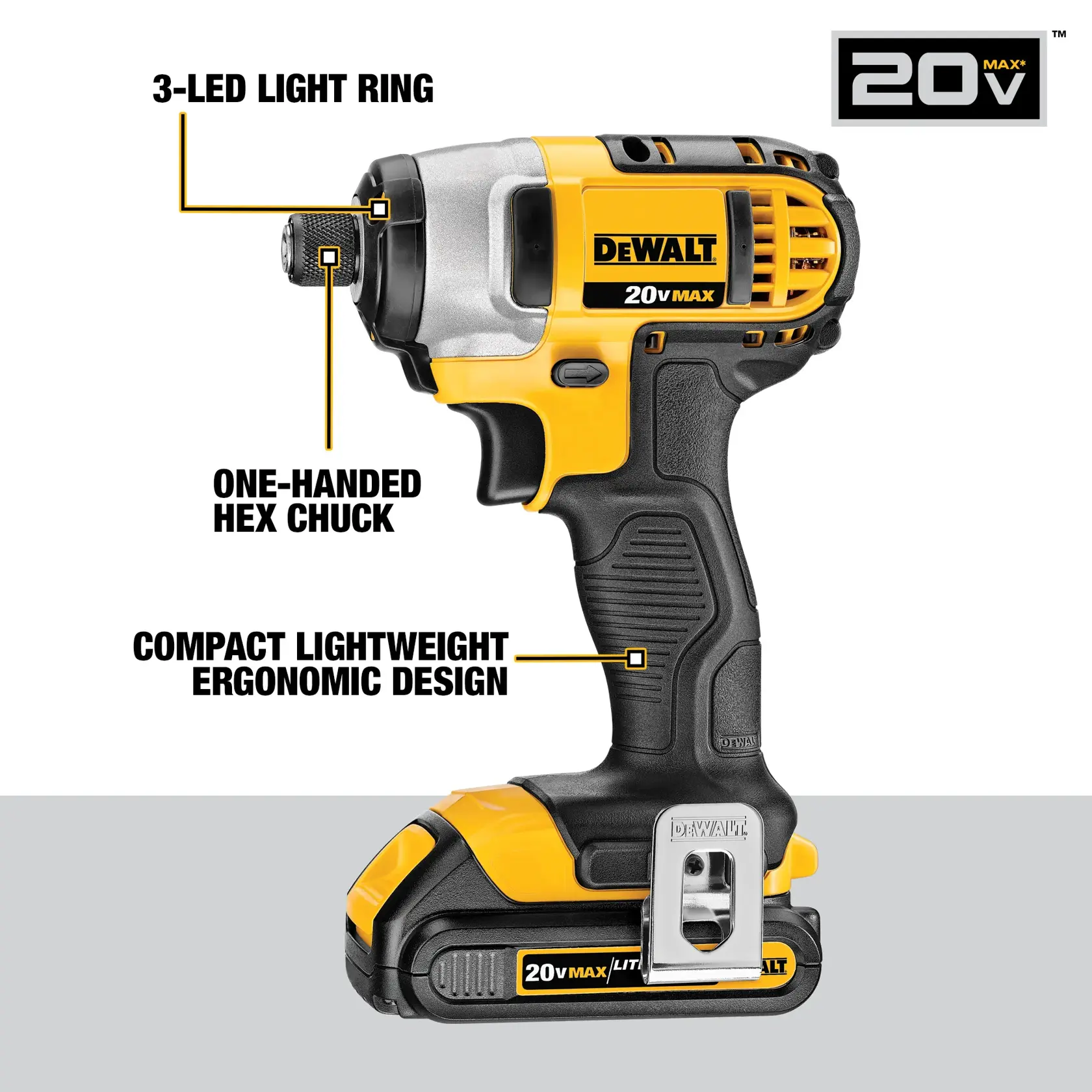 DEWALT 20V Max cordless impact driver is shown with labeled features including a 3-LED light ring, one-handed hex chuck, and a compact, lightweight ergonomic design. The tool has a yellow and black color scheme and is equipped with a DEWALT branded battery.